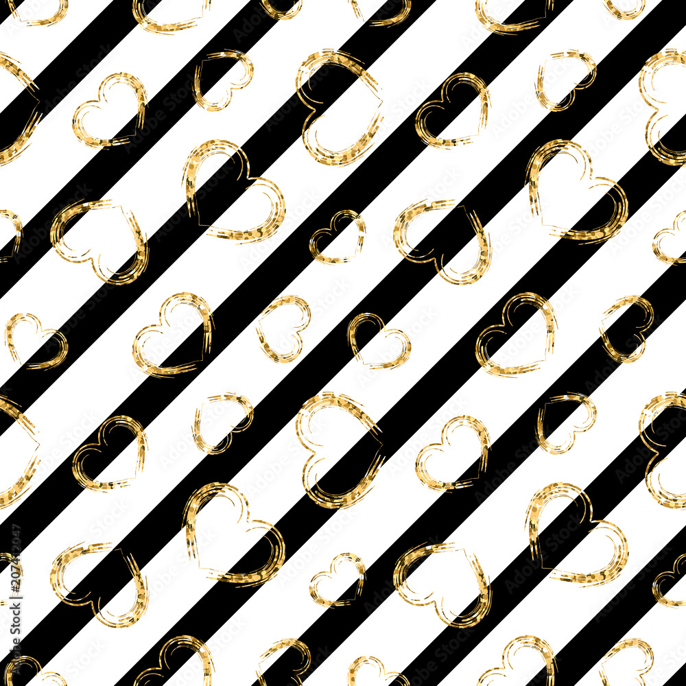 Gold Heart Seamless Pattern. Black White Geometric Stripes, Golden Grunge Confetti Hearts. Symbol Of Love, Valentine Day Holiday. Design Wallpaper, Background, Fabric Texture. Vector Illustration Stock Vector