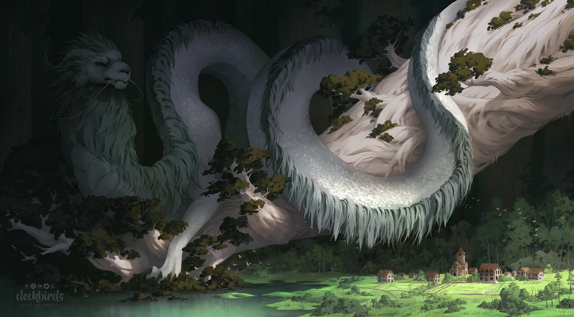 dragon, chinese dragon, loong, trees, illustration, digital art, forest, village, creature Gallery HD Wallpaper