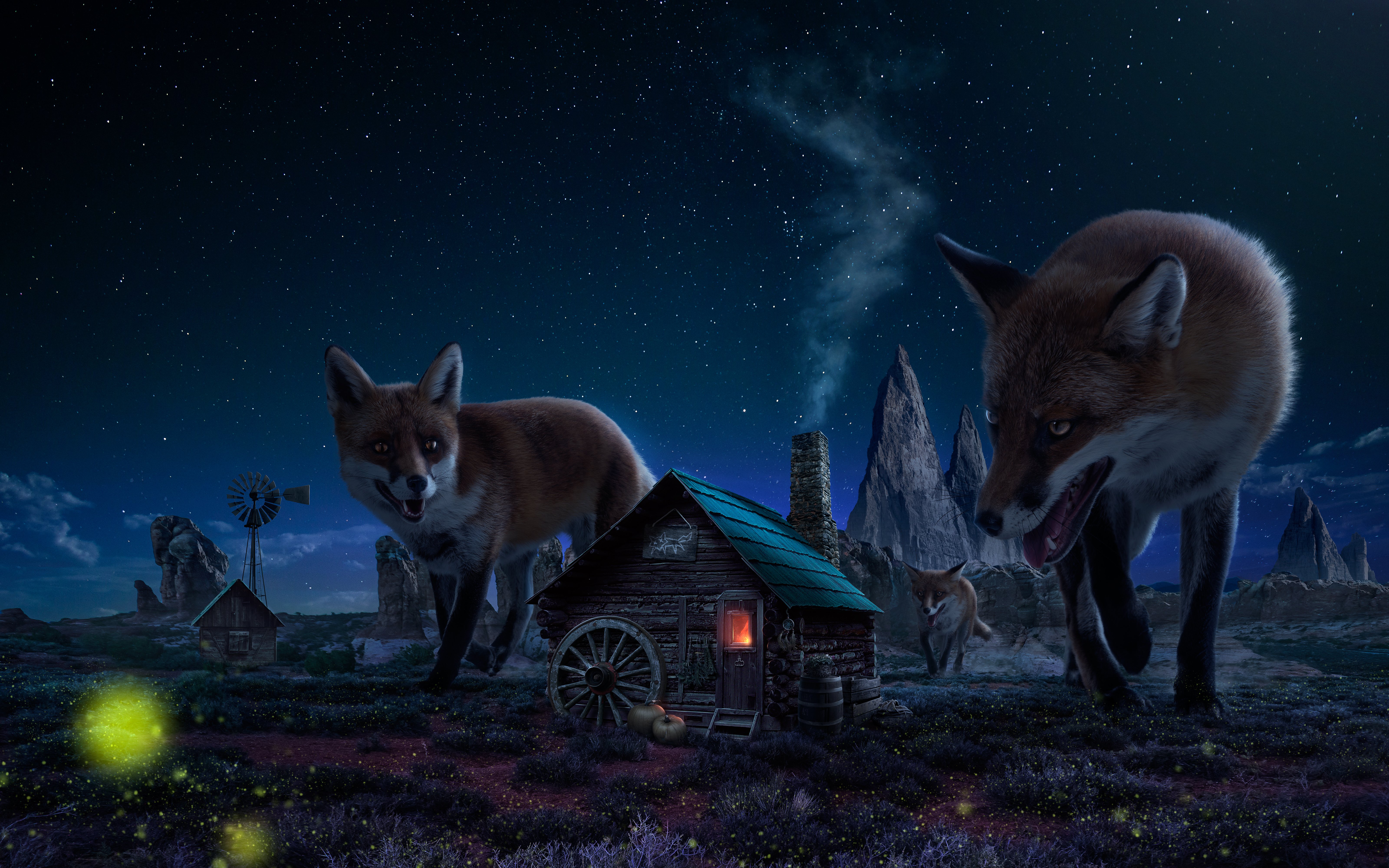 Witch House Wallpaper 4K, Fox, Wild animals, Fantasy
