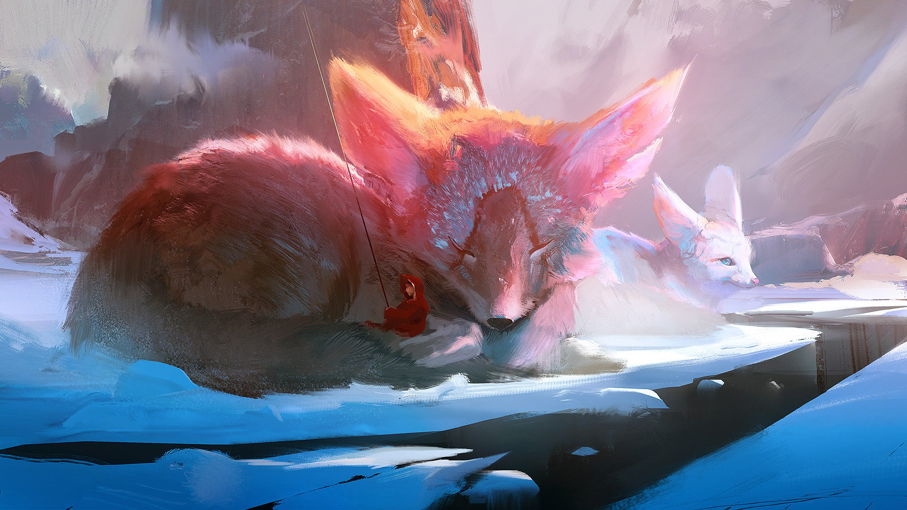 Wallpaper, fantasy art, fox, snow, mountains, women, sleeping, coats, environment 1800x1013