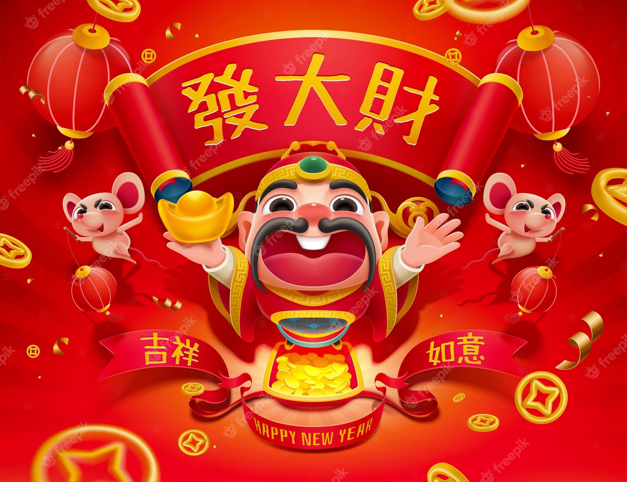 Premium Vector. Lively god of wealth for new year