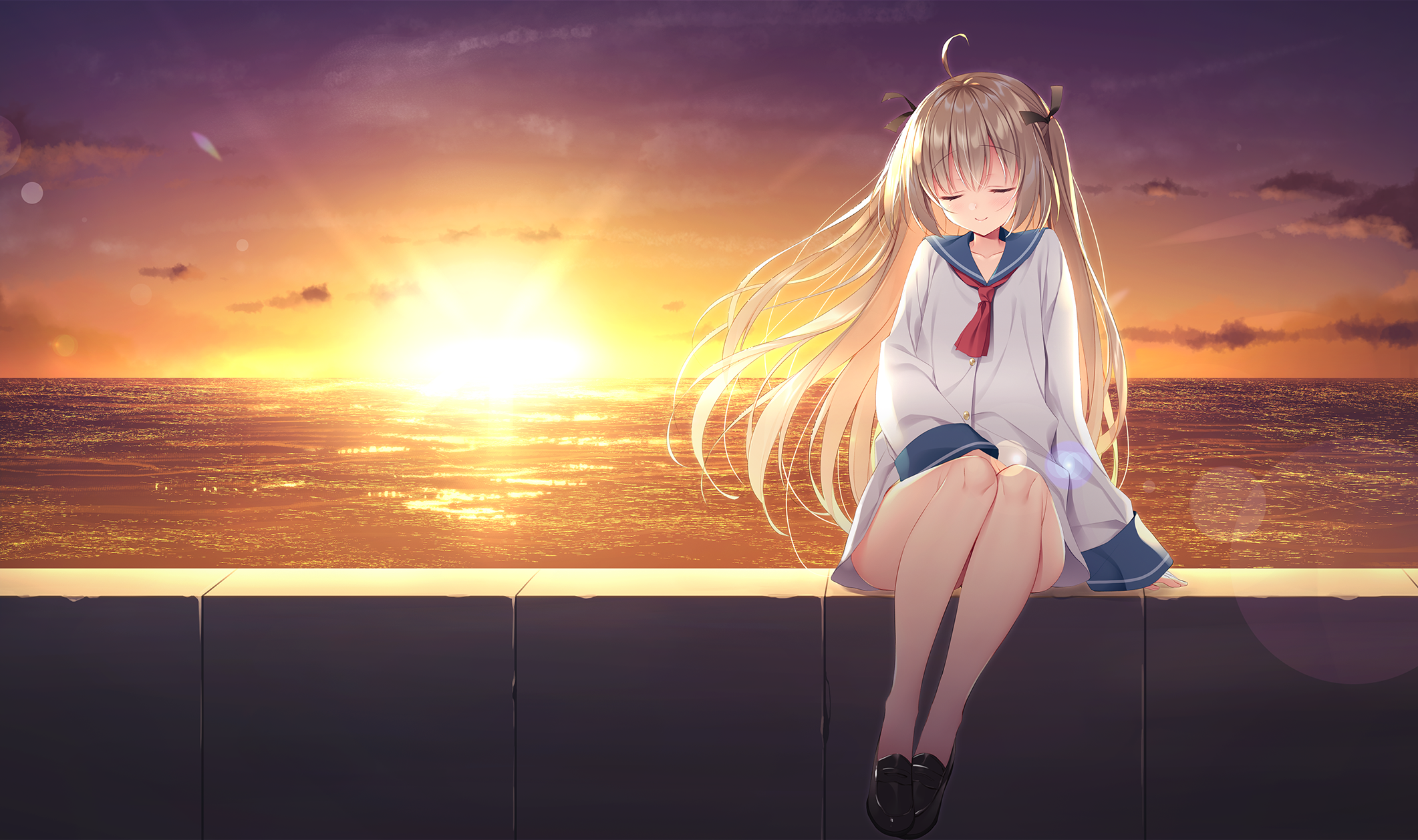 atri (atri -my dear moments-) atri -my dear moments- brown hair clouds dress long hair scenic school uniform sky sunset twintails water yatanukikey. konachan.com.com Anime Wallpaper