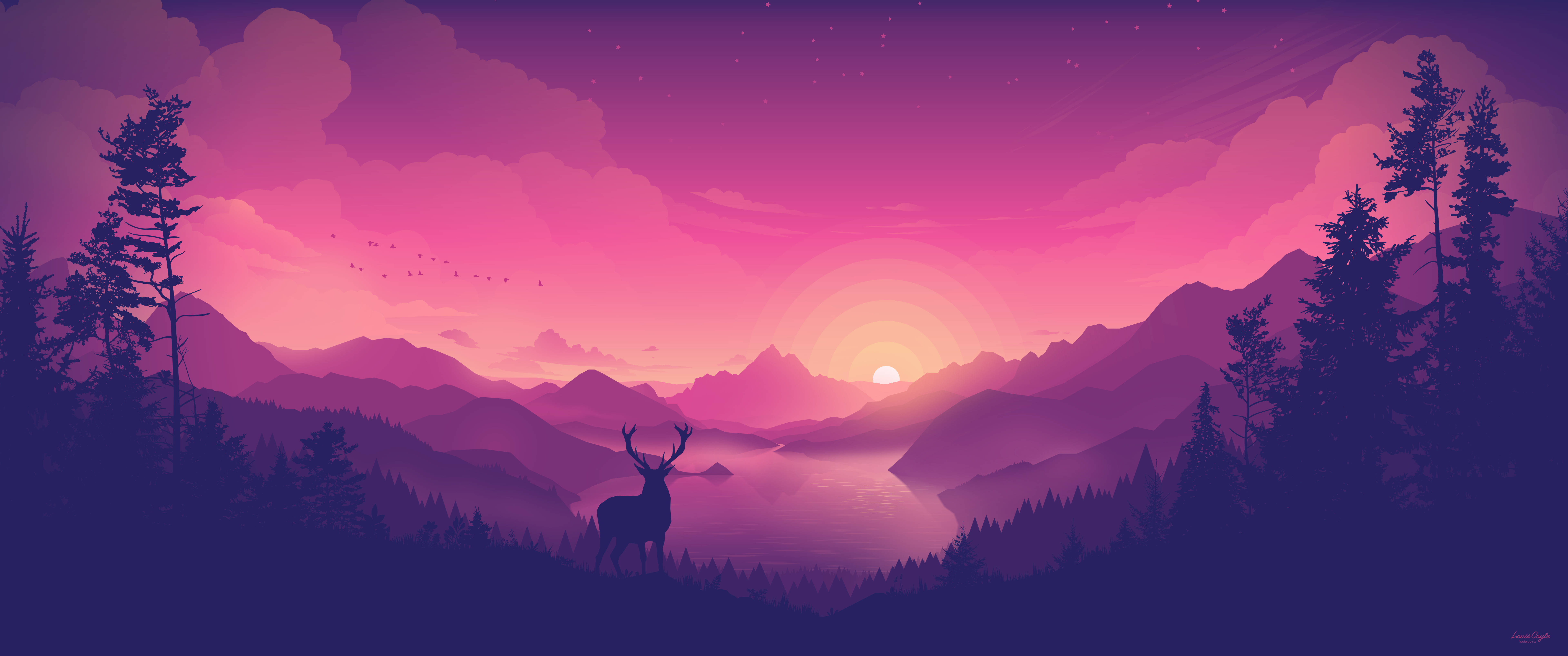 Download 4d Ultra HD Pink Deer Sunset Wallpaper