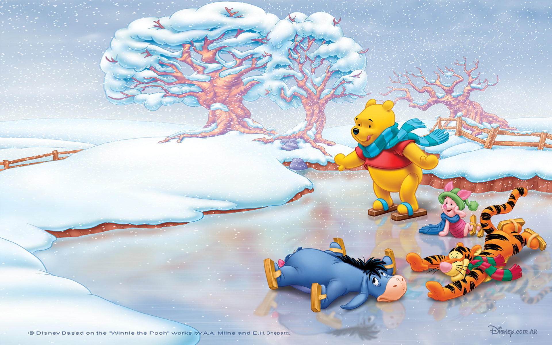 Winnie The Pooh And Friends Piglet Eeyore Tigger Cartoon Image Winter Skating Ice Desktop HD Wallpaper For Pc Tablet 1920x1200, Wallpaper13.com