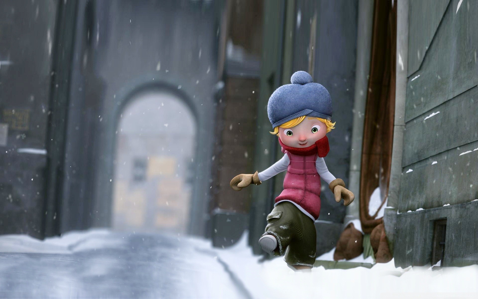 Girl walking on the snow, cartoon Desktop wallpaper 1280x1024