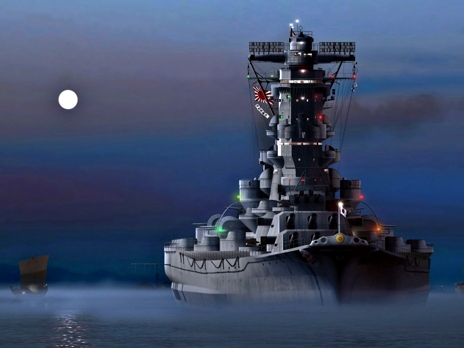 Download wallpaper Night, The moon, The Imperial Japanese Navy, Battleship, The Empire Of Japan, Yamato, section weapon in resolution 1600x1200