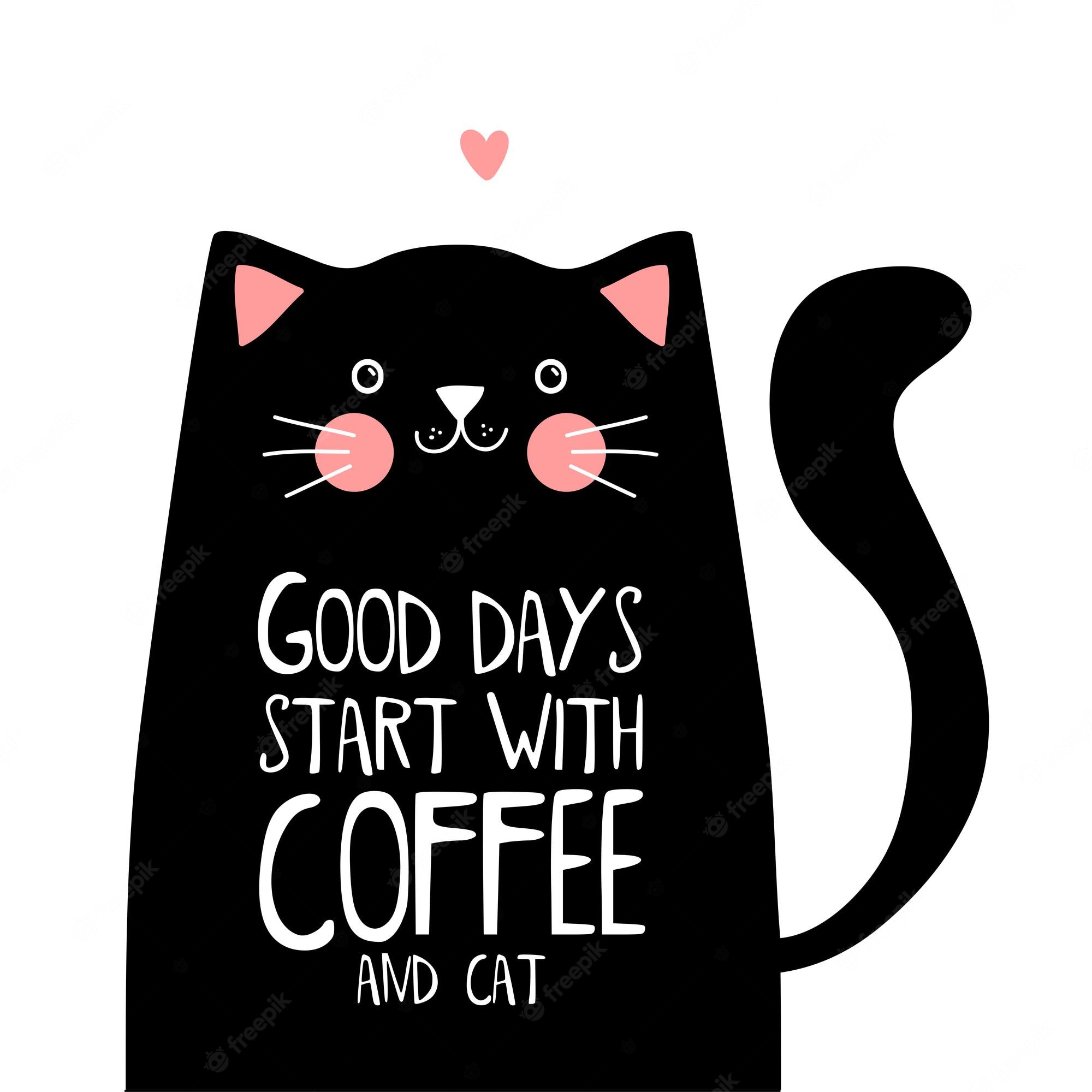 Premium Vector. Kawaii black cat, good days start with coffee cup. cute vector illustration with black cat