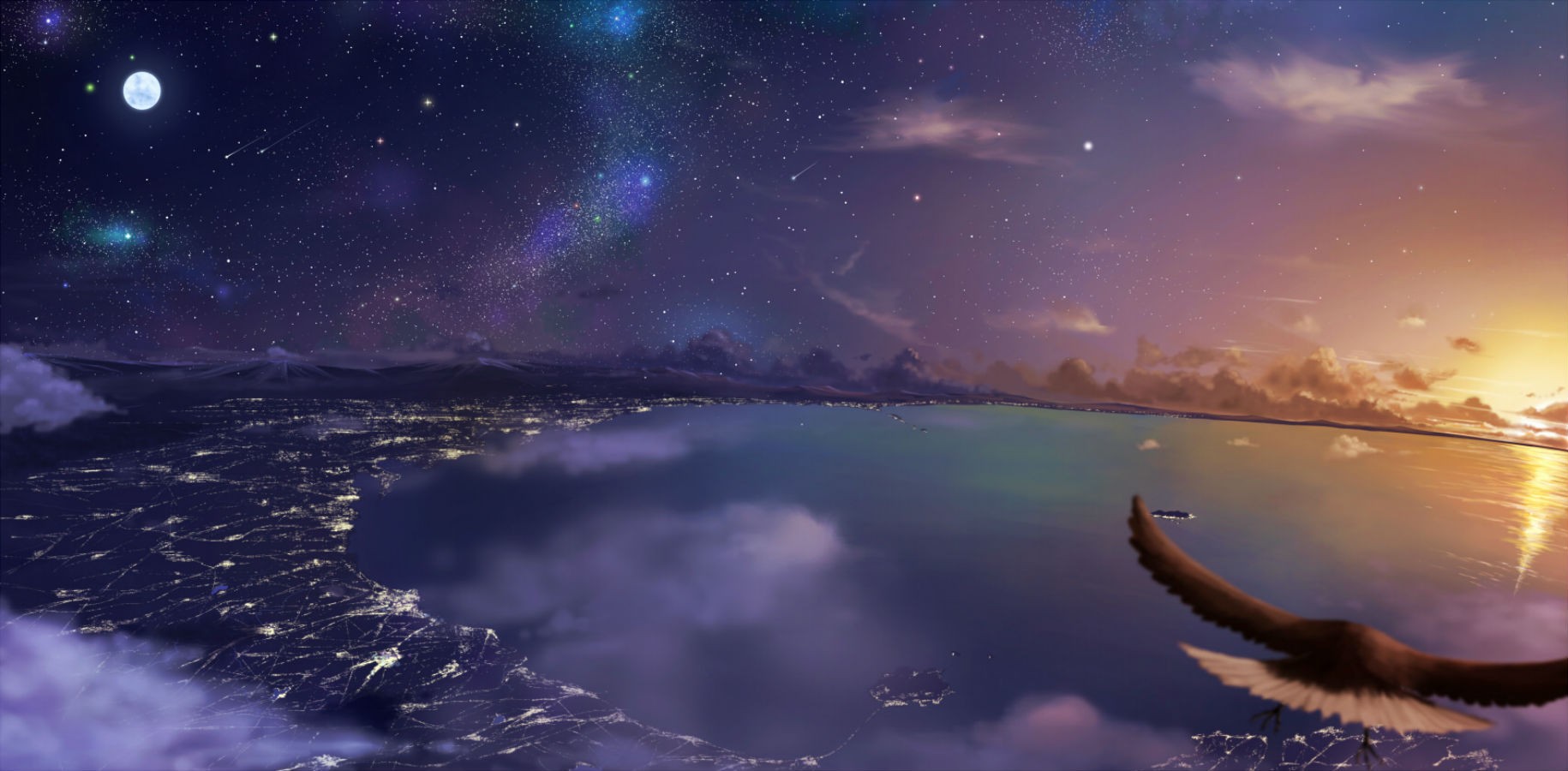 sky, eagle, water, anime, shore, stars Gallery HD Wallpaper