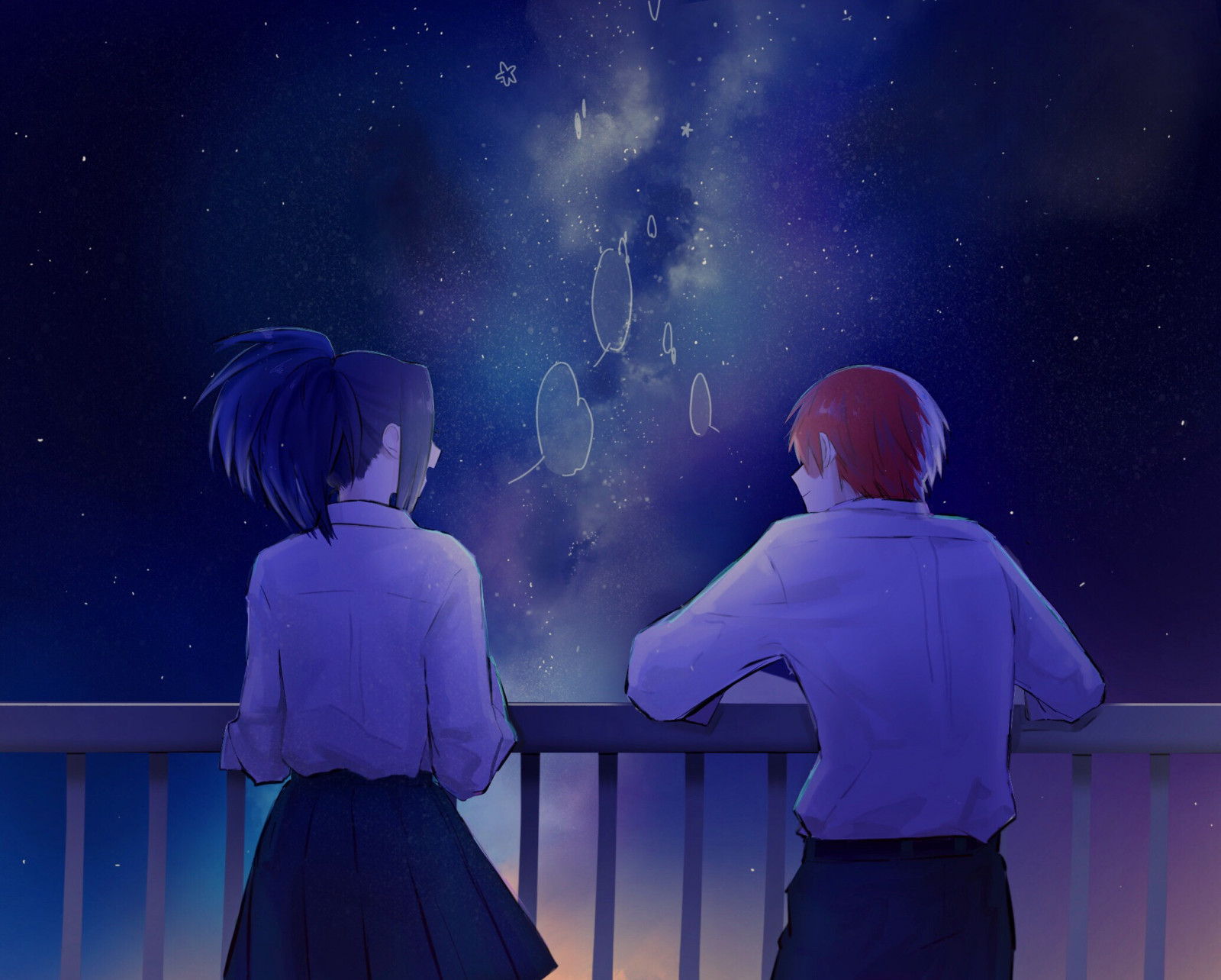 Wallpaper, Momo Yaoyorozu, Shoto Todoroki, momo, shoto, todoroki, BNHA, MHA, my hero academia, Boku no Hero Academia, anime girls, anime boys, ponytail, Todomomo, sky, night, shirt, skirt, jeans, dark blue, world