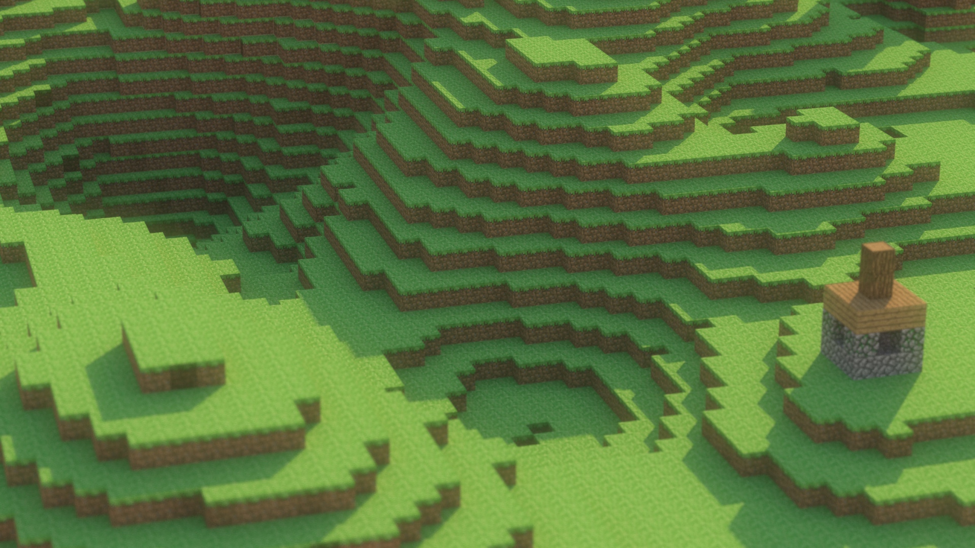 Download Wallpaper 1920x1080 minecraft, mountain, house, ground, light Full HD 1080p HD Background