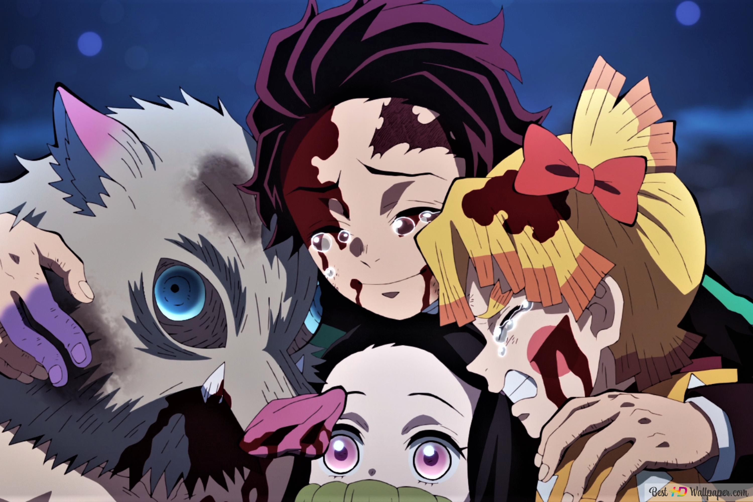 Demon slayer: kimetsu no yaiba inosuke hashibira nezuko and tanjiro kamado zenitsu agatsuma 4K wallpaper download