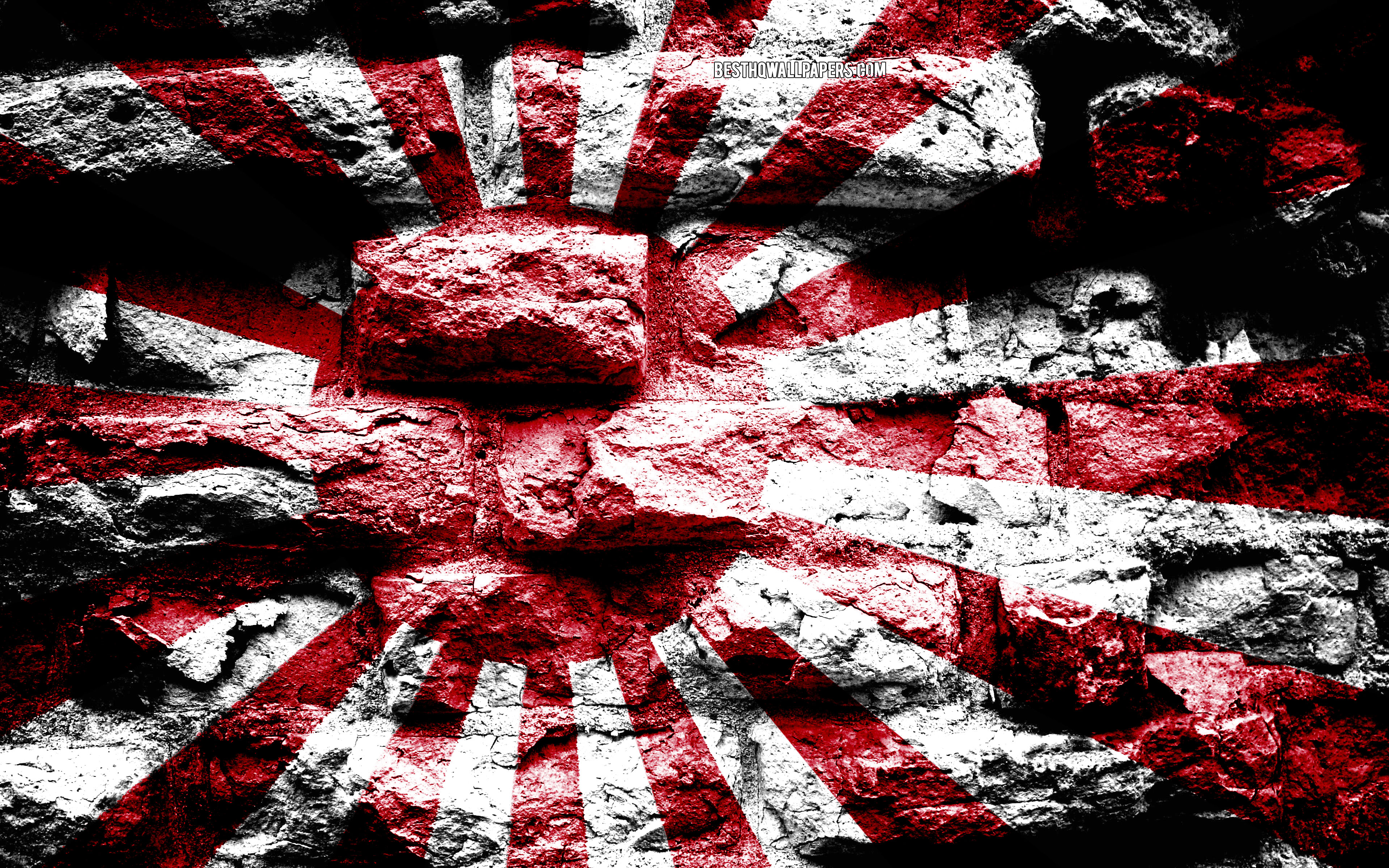 Download wallpaper Empire of Japan flag, grunge brick texture, Flag of Empire of Japan, flag on brick wall, Empire of Japan, flags of Asian countries, Japan for desktop with resolution 3840x2400. High