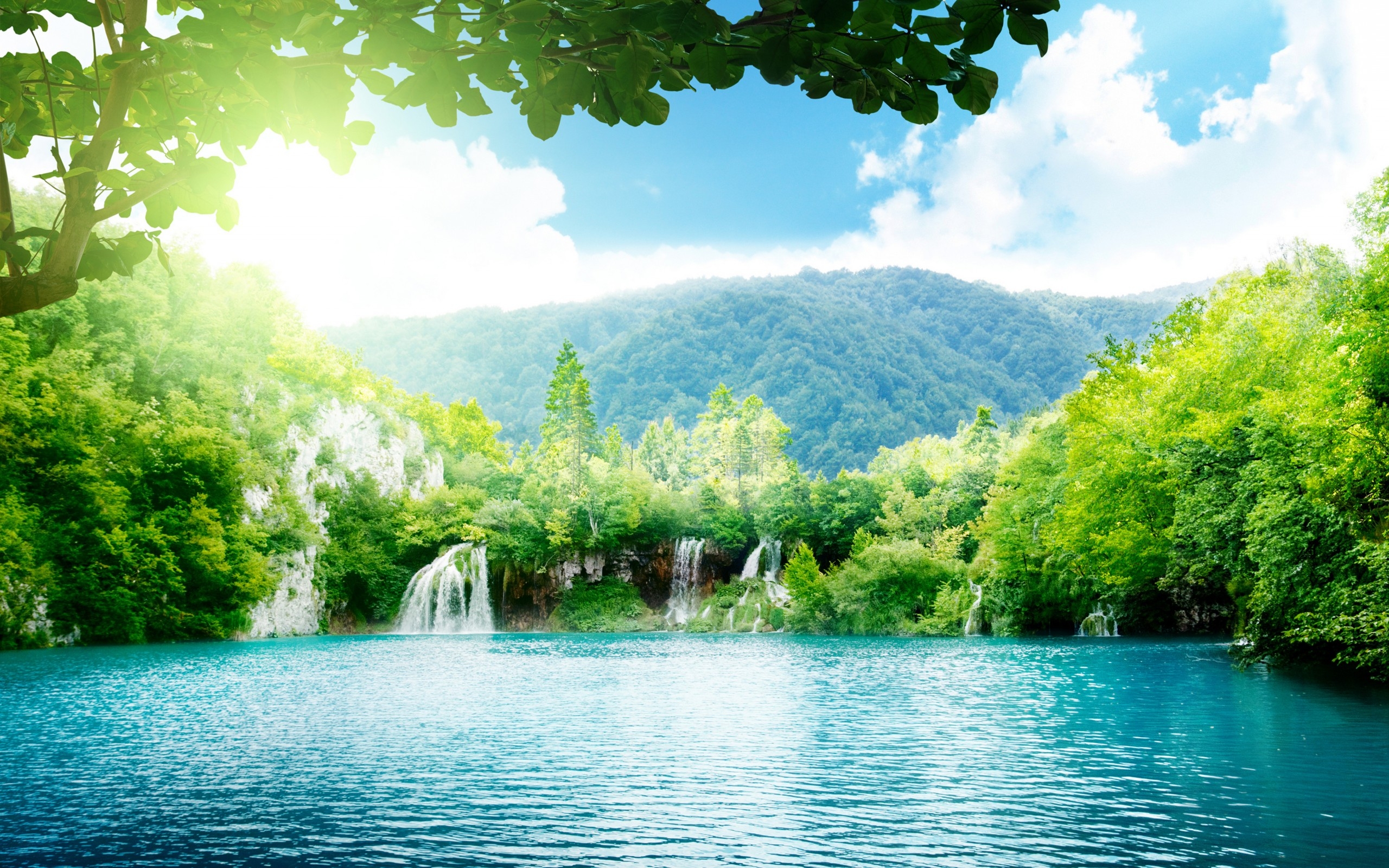 Wallpaper, sunlight, forest, waterfall, lake, nature, reflection, green, river, pond, jungle, tree, meadow, reservoir, habitat, natural environment, atmospheric phenomenon, computer wallpaper, body of water, water feature 2560x1600