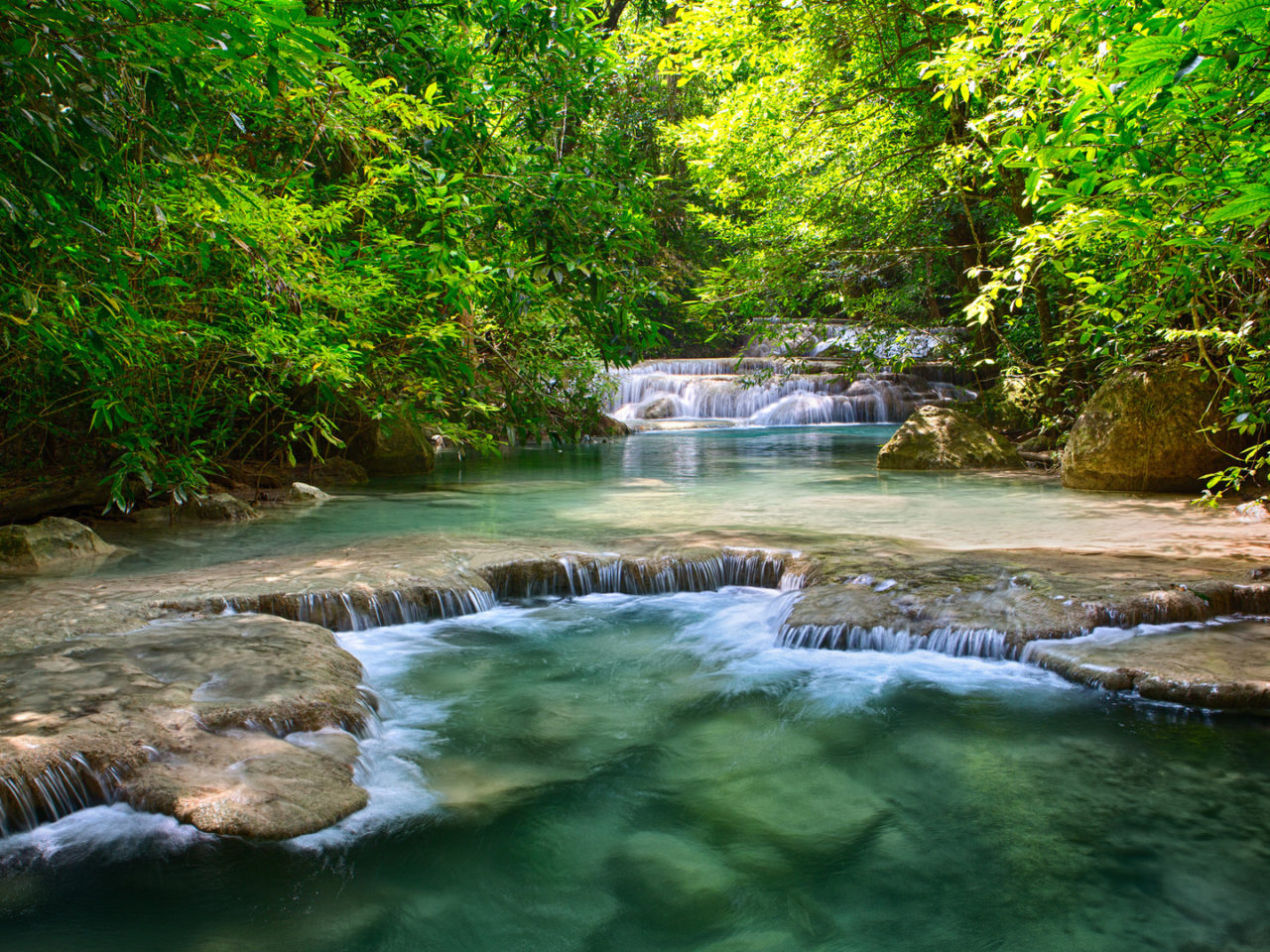 Thailand Tropical Vegetation Green River With Waterfalls And Stepped Wallpaper For Desktop Wallpaper HD For Desktop Full Screen 1920x1080, Wallpaper13.com