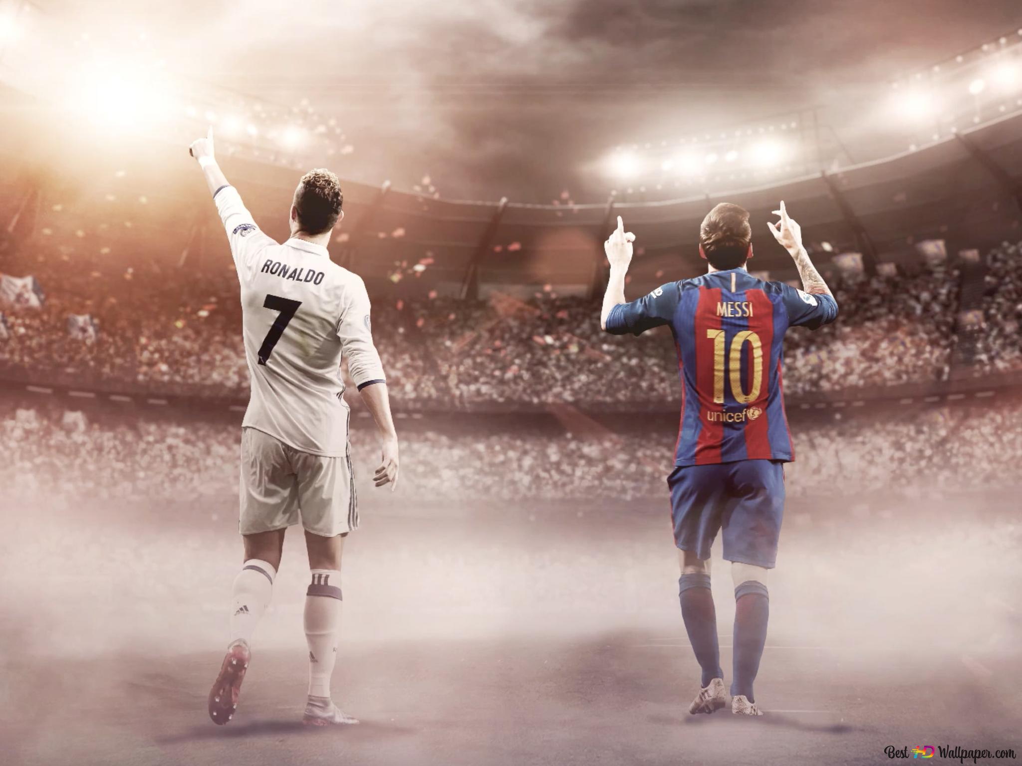 Ronaldo & Messi greeting the audiance together 2K wallpaper download