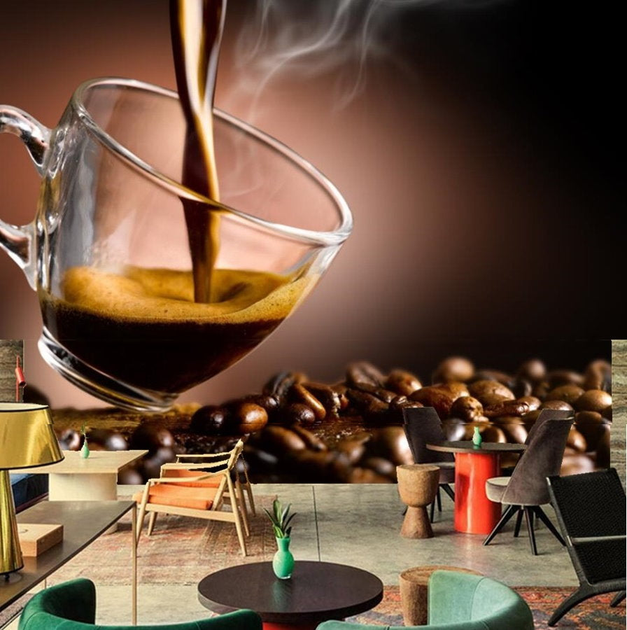 Steaming Hot Coffee in Glass Cup Wallpaper Mural for Cafe Restaurants
