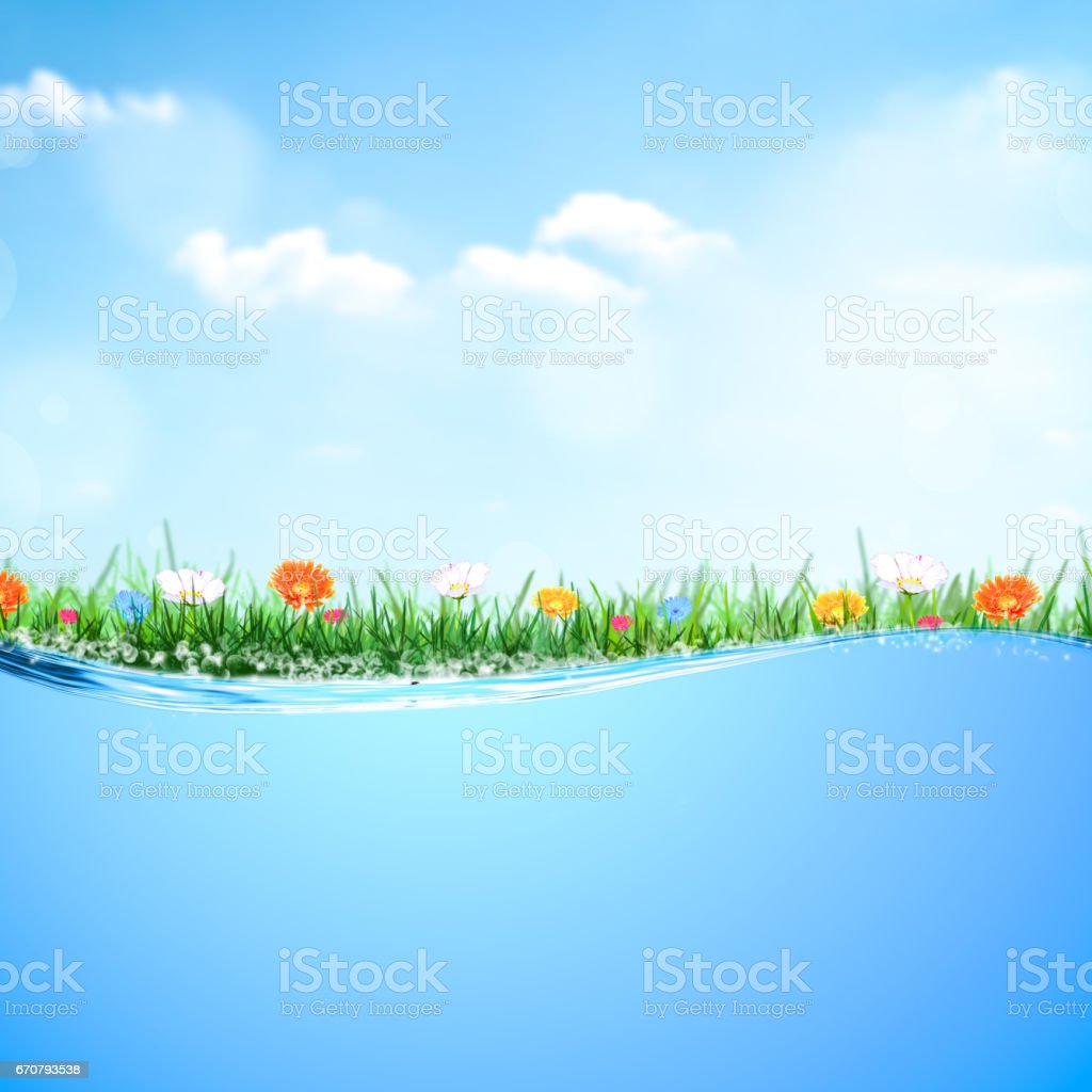 Spring And Summer Time Background With Clear Sky Flowers Field And Water For Use As Wallpaper Image Now