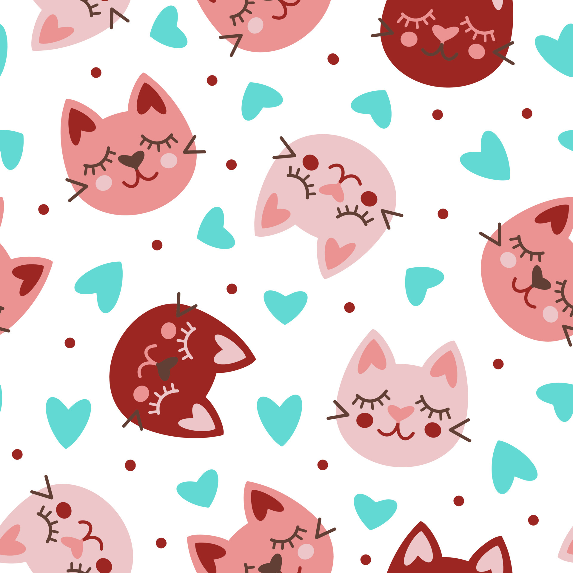 Cute cat faces seamless vector pattern. Hand drawn flat cartoon background. Beautiful smiling kittens with hearts. Funny pets, valentine's day concept. Seasonal , childrens illustration