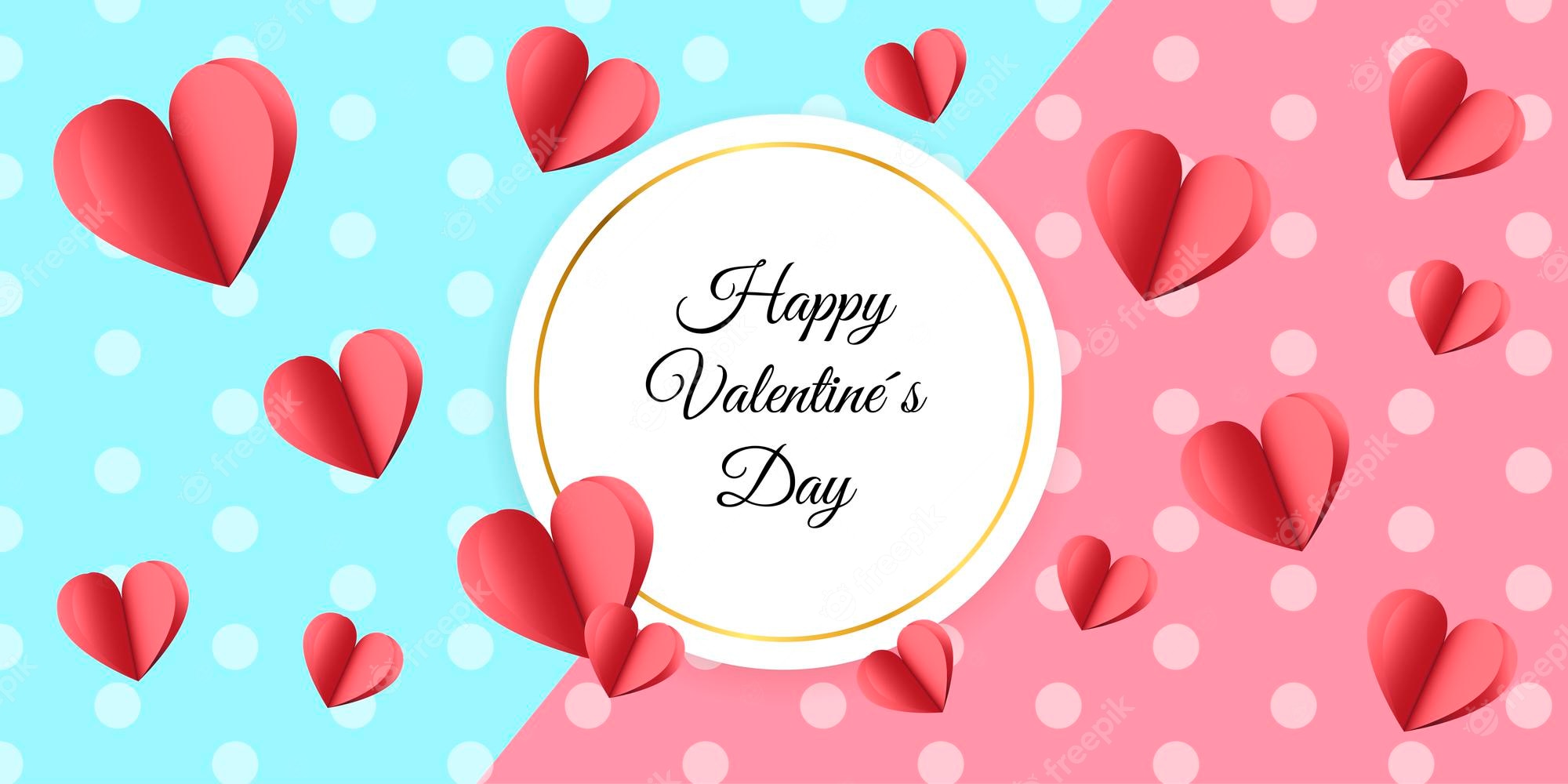 Premium Vector. Pink and blue polka dot banner with paper hearts for valentine's day, write nice or advertising mess