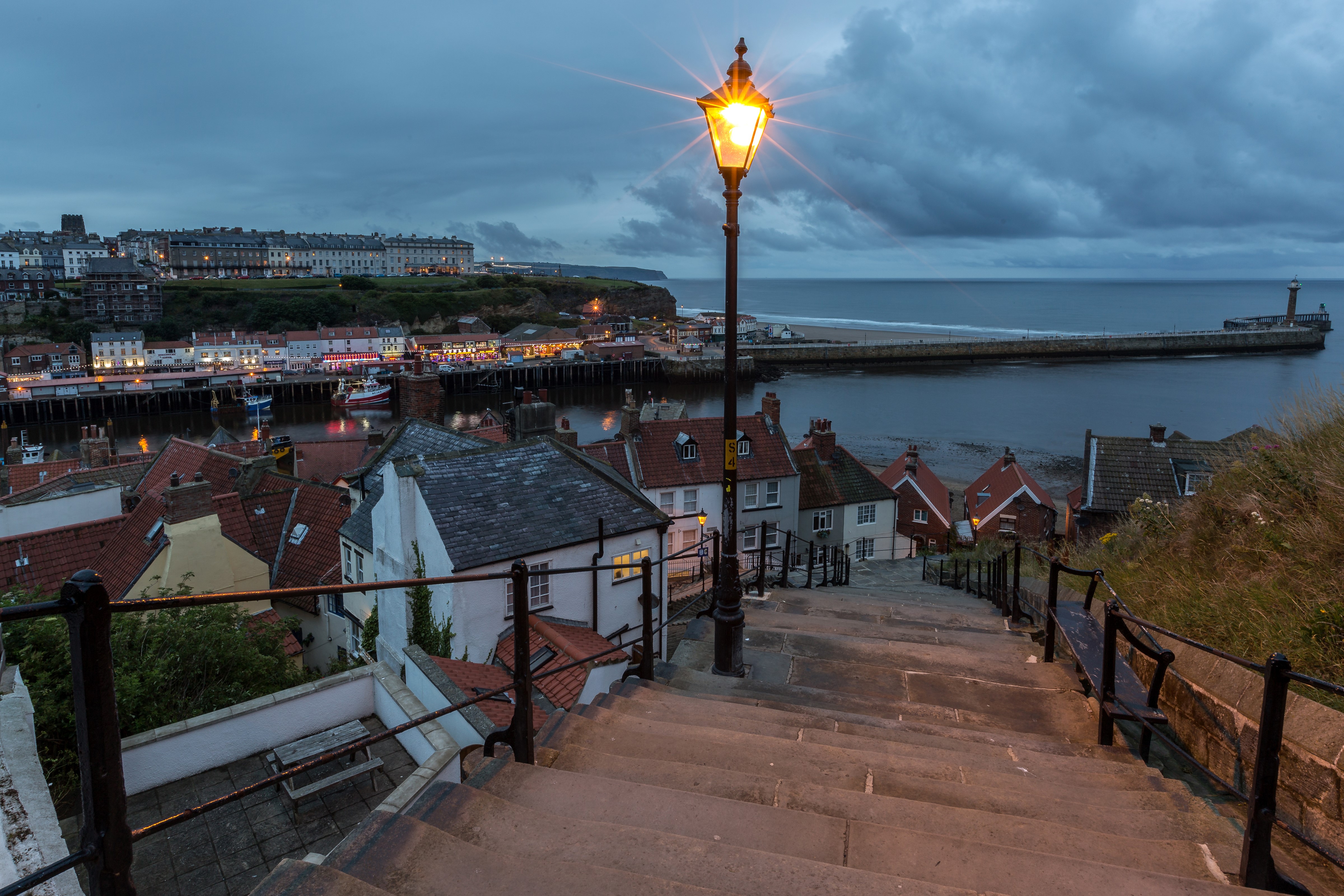 4K, Whitby, England, Houses, Marinas, Stairs, Street lights Gallery HD Wallpaper