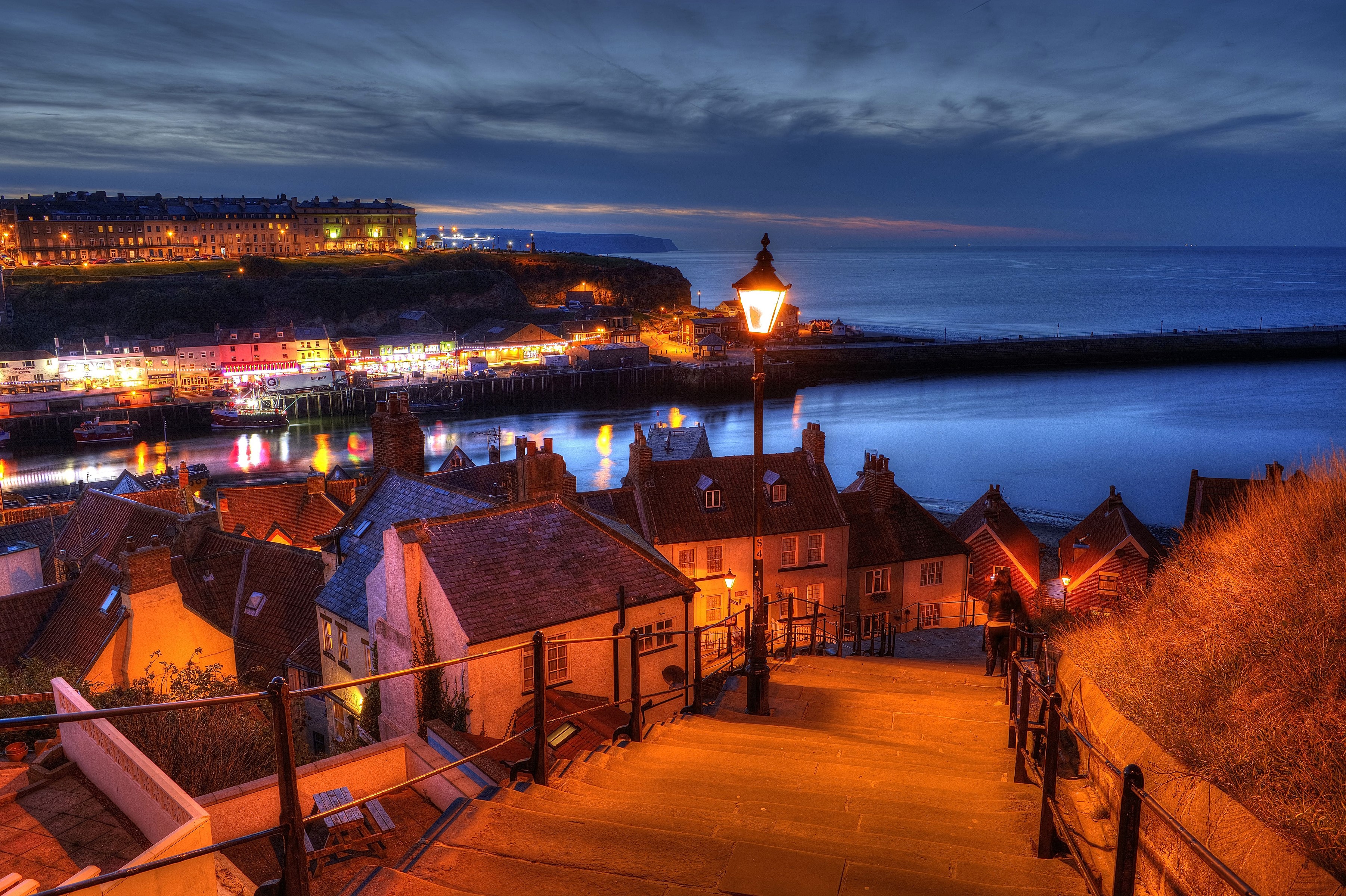 Whitby North Yorkshire, United Kingdom, Houses, Marinas, Night, Stairs, Street lights Gallery HD Wallpaper
