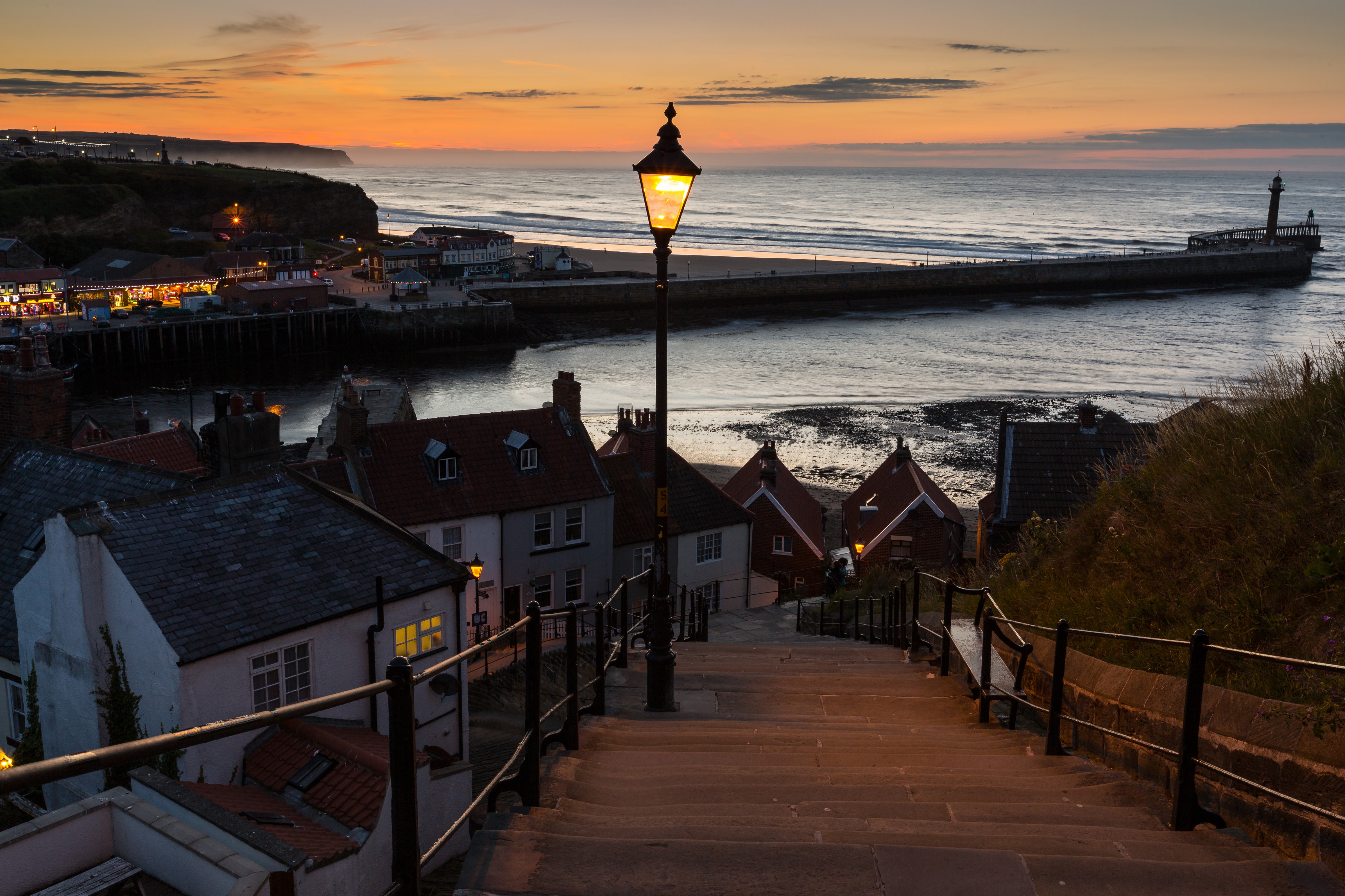 4K, Whitby, England, Houses, Rivers, Evening, Stairs, Fence, Street lights Gallery HD Wallpaper