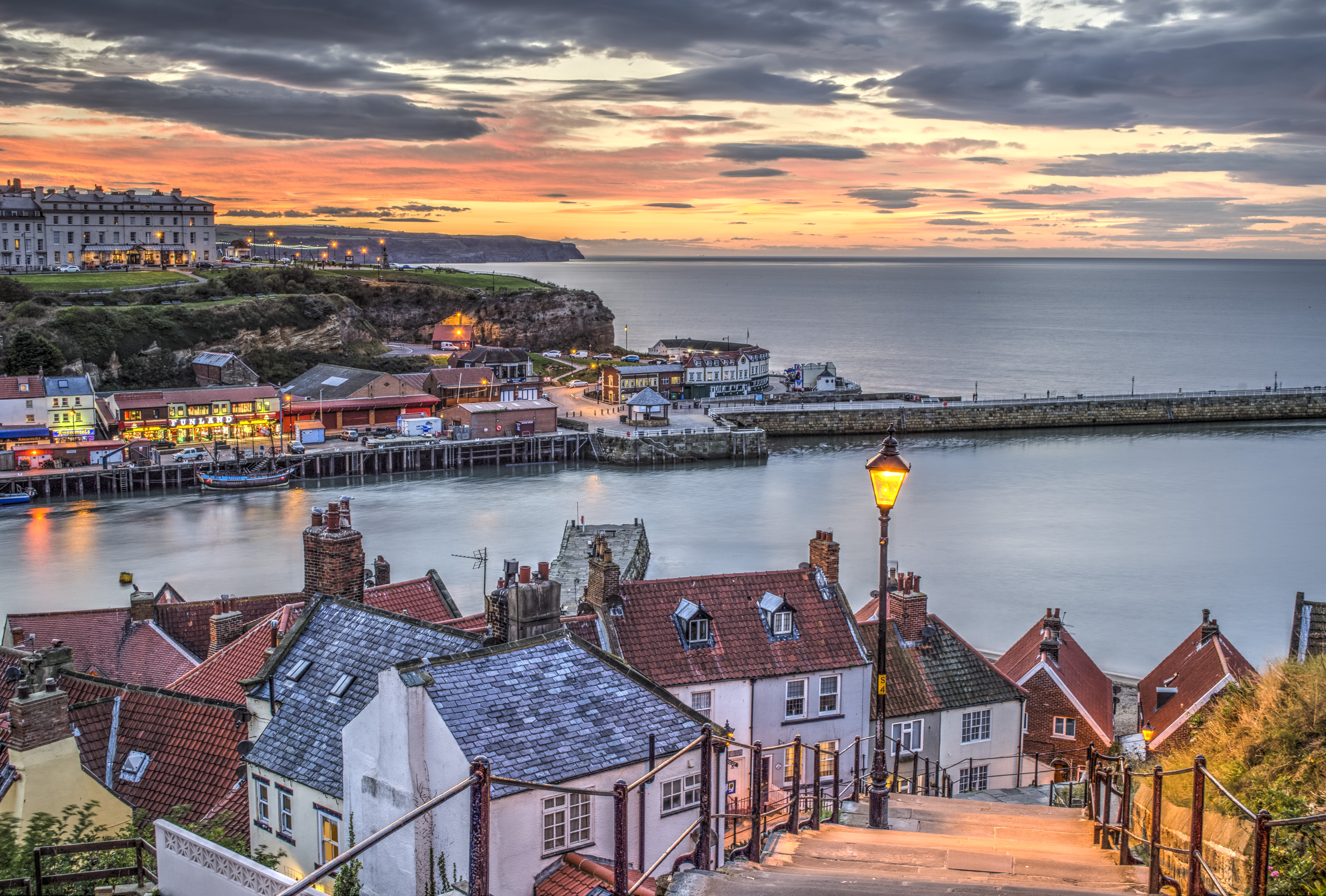 Wallpaper, landscape, sunset, sea, city, cityscape, water, reflection, sky, Tourism, evening, coast, horizon, town, summer, dusk, cloud, dawn, harbour, scenic, northyorkshire, real estate, whitby, 199steps 4825x3261
