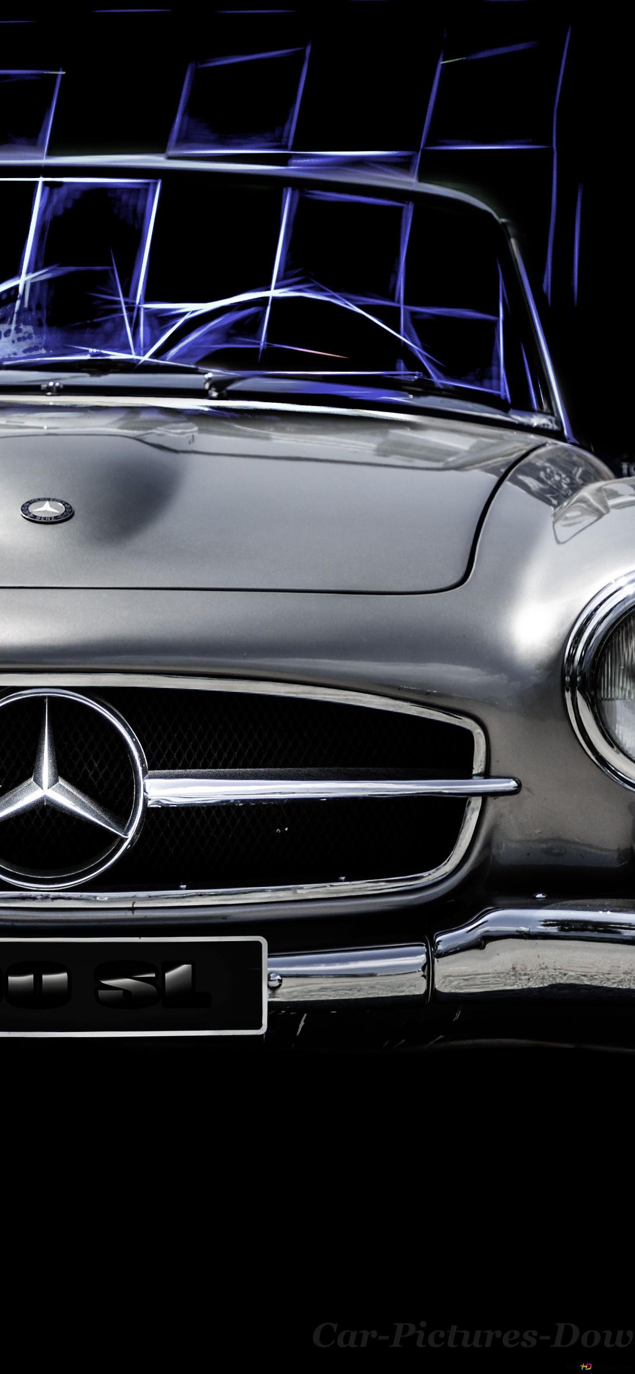Legendary vintage convertible Mercedes in front of purple lights background 2K wallpaper download