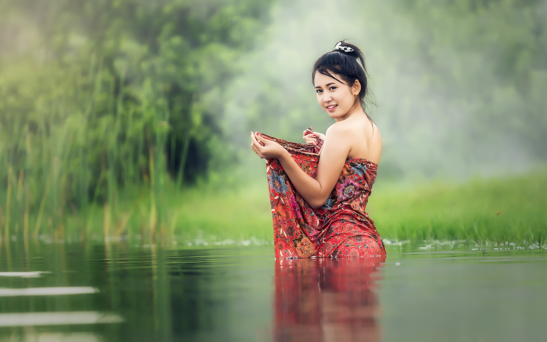 Asian Girl Wallpaper 4K, Teen, Lake, Pond, Bath time