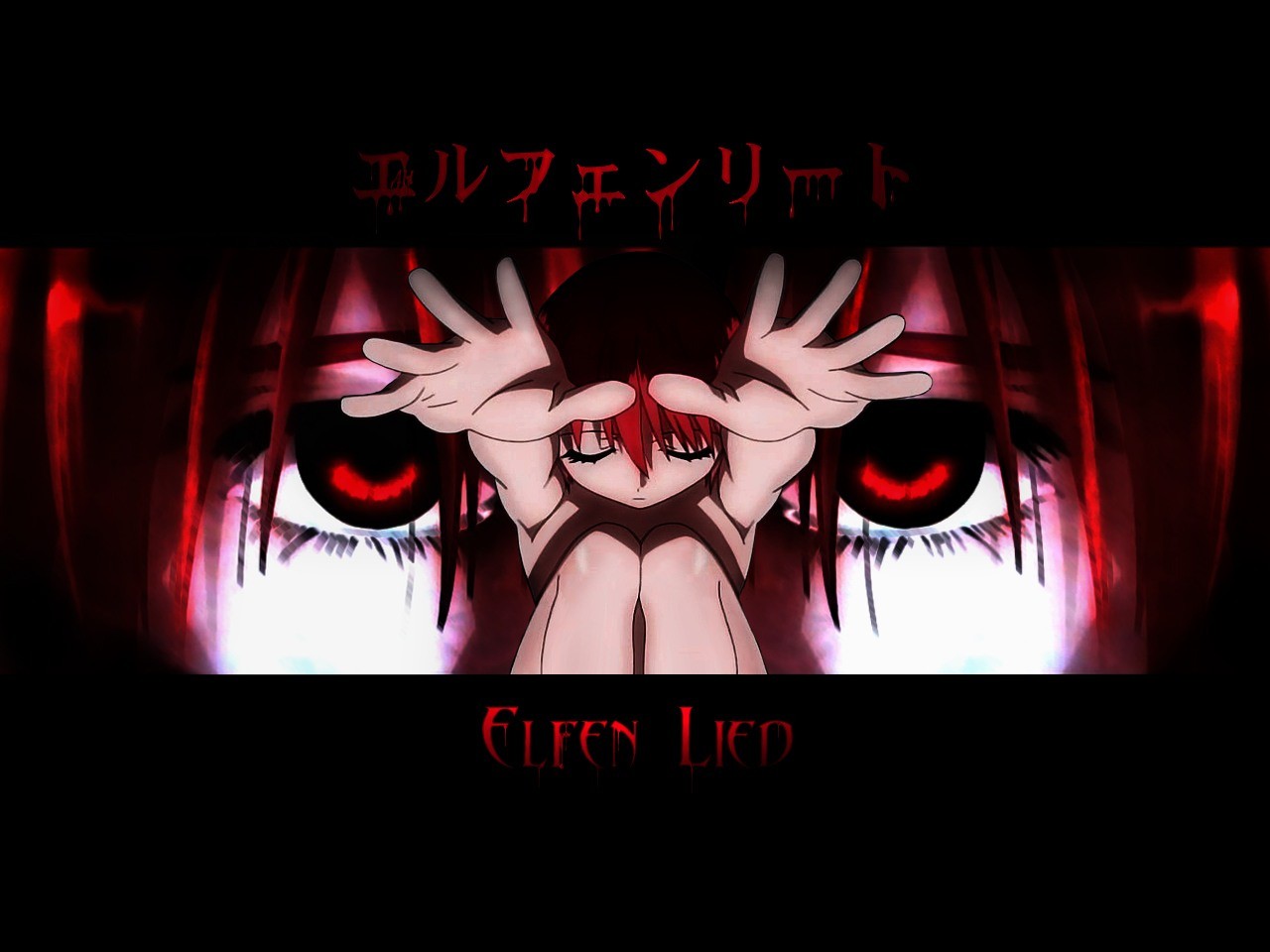 Wallpaper, anime girls, red eyes, pink hair, Elfen Lied, Nyu, font 1280x960 - Кун