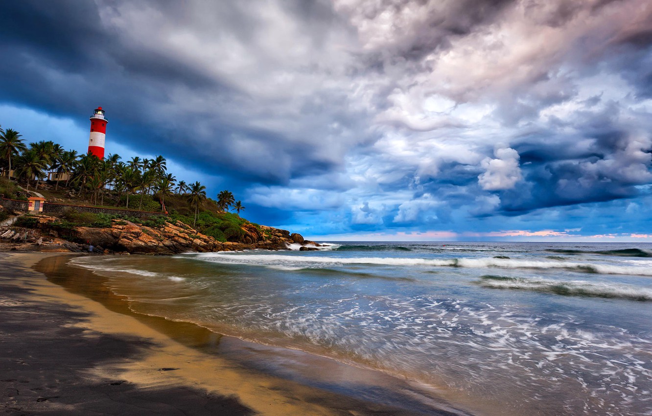 Wallpaper sea, clouds, Palma, lighthouse, India, Cape, Kerala image for desktop, section пейзажи