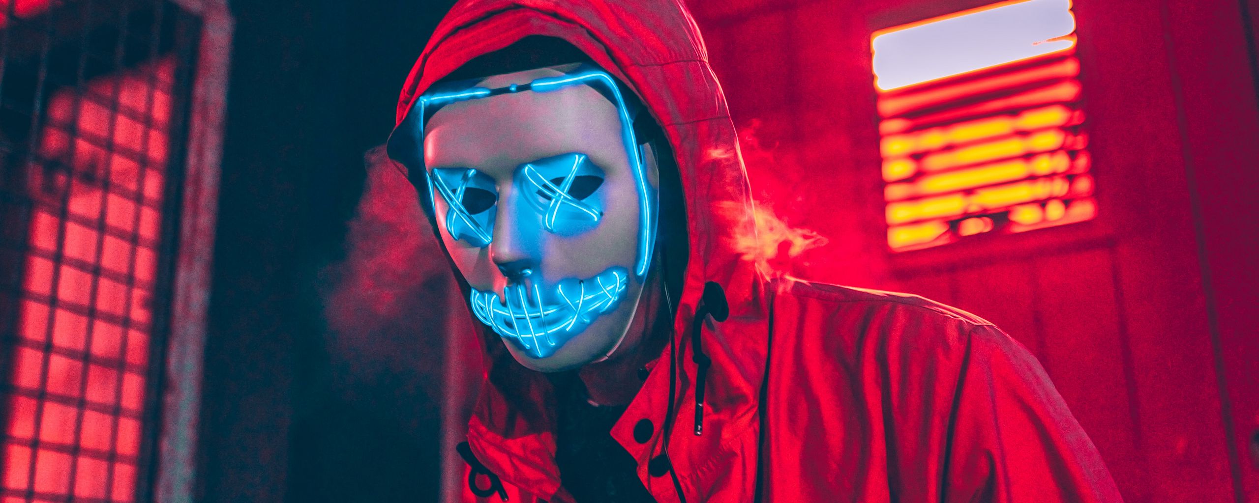 Download wallpaper 2560x1024 neon mask, mask, man, hood, red ultrawide monitor HD background