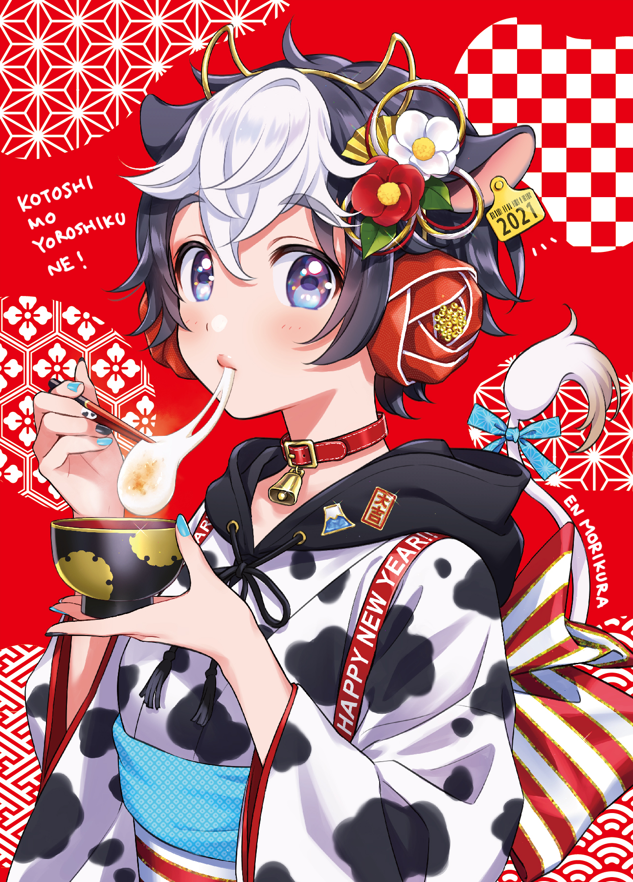 Wallpaper, anime girls, original characters, New Year, cow girl, cowgirl, Morikura En, vertical 1294x1803