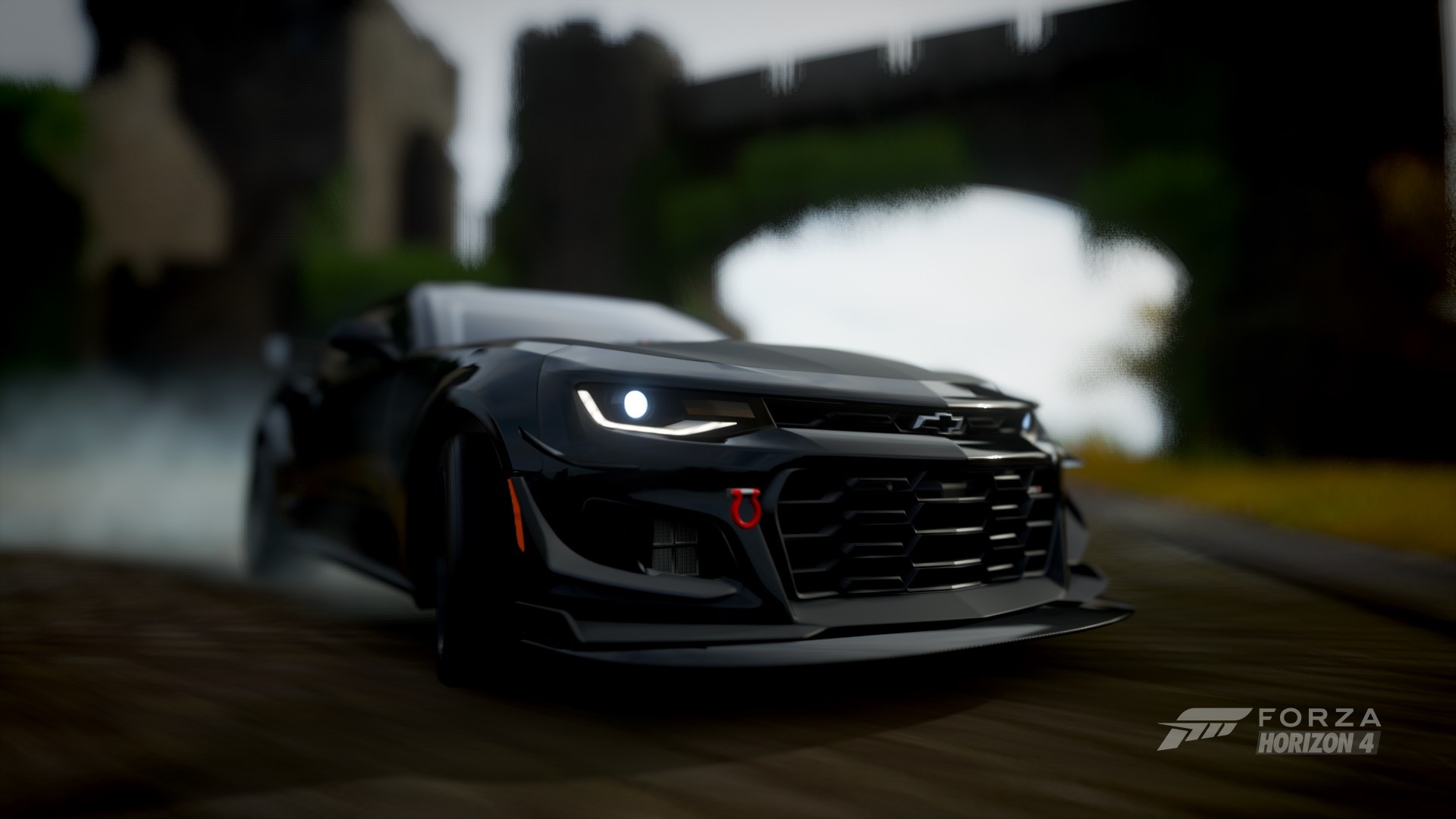 black cars, depth of field, tyre smoke, car, Forza Horizon 4, chevrolet camaro zl1 1le, castle Gallery HD Wallpaper