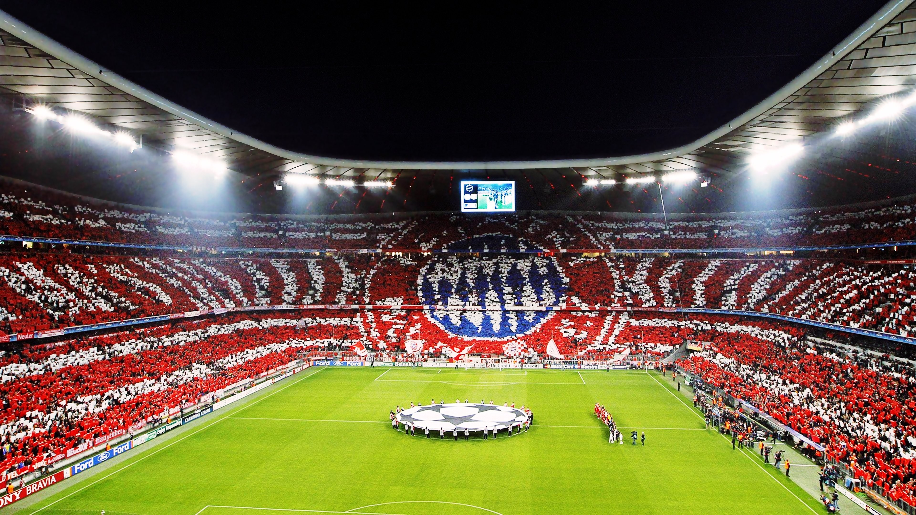 Wallpaper, night, Champions League, soccer pitches, fans, structure, Bayern Munchen, FC Bayern, Allianz Arena, player, geographical feature, sport venue, music venue, soccer specific stadium, baseball park, baseball field, arena football 3840x2160