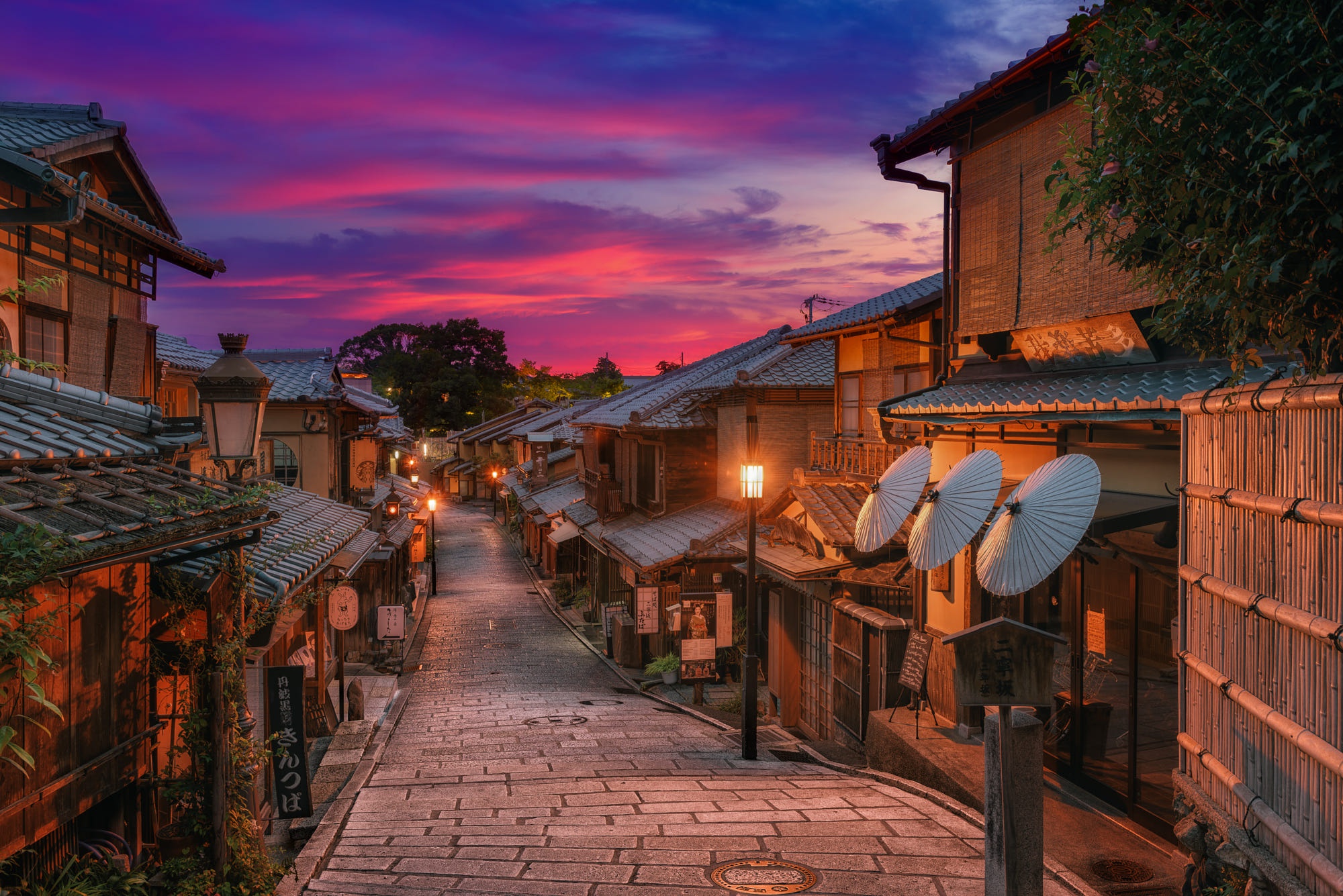 Kyoto Evening Streetscape: Serene Japanese Houses Under a Vibrant Sunset Sky
