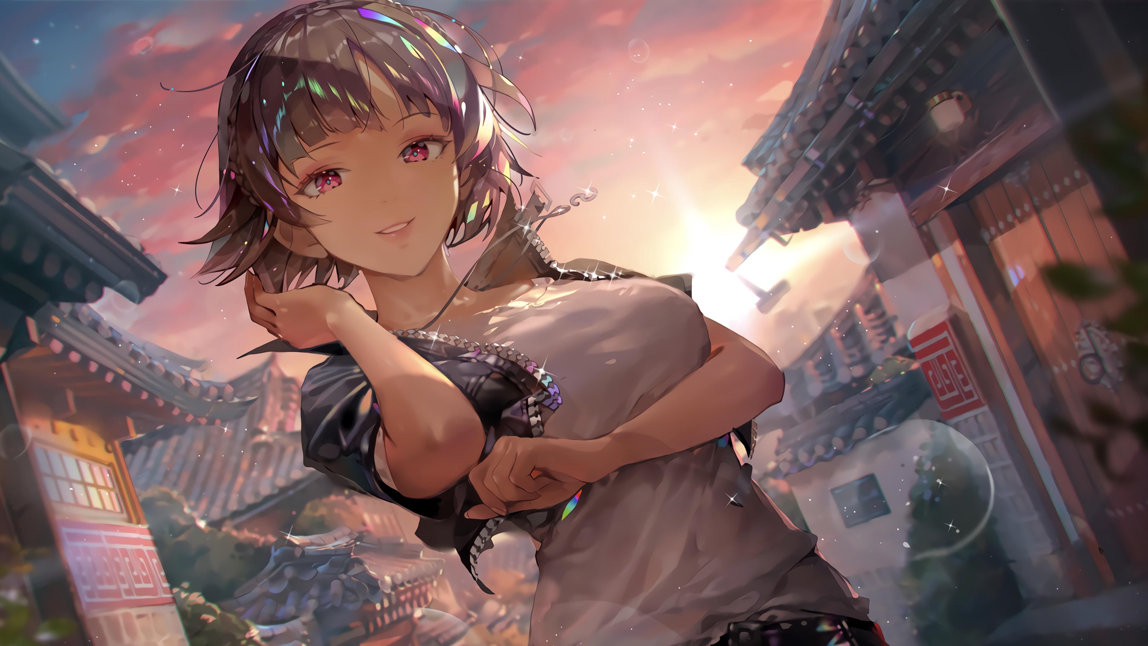 4K, Crab_D, Persona smiling, Makoto Niijima, anime, artwork, digital, red eyes, Persona series, anime girls, sunset, Asian architecture, brunette Gallery HD Wallpaper