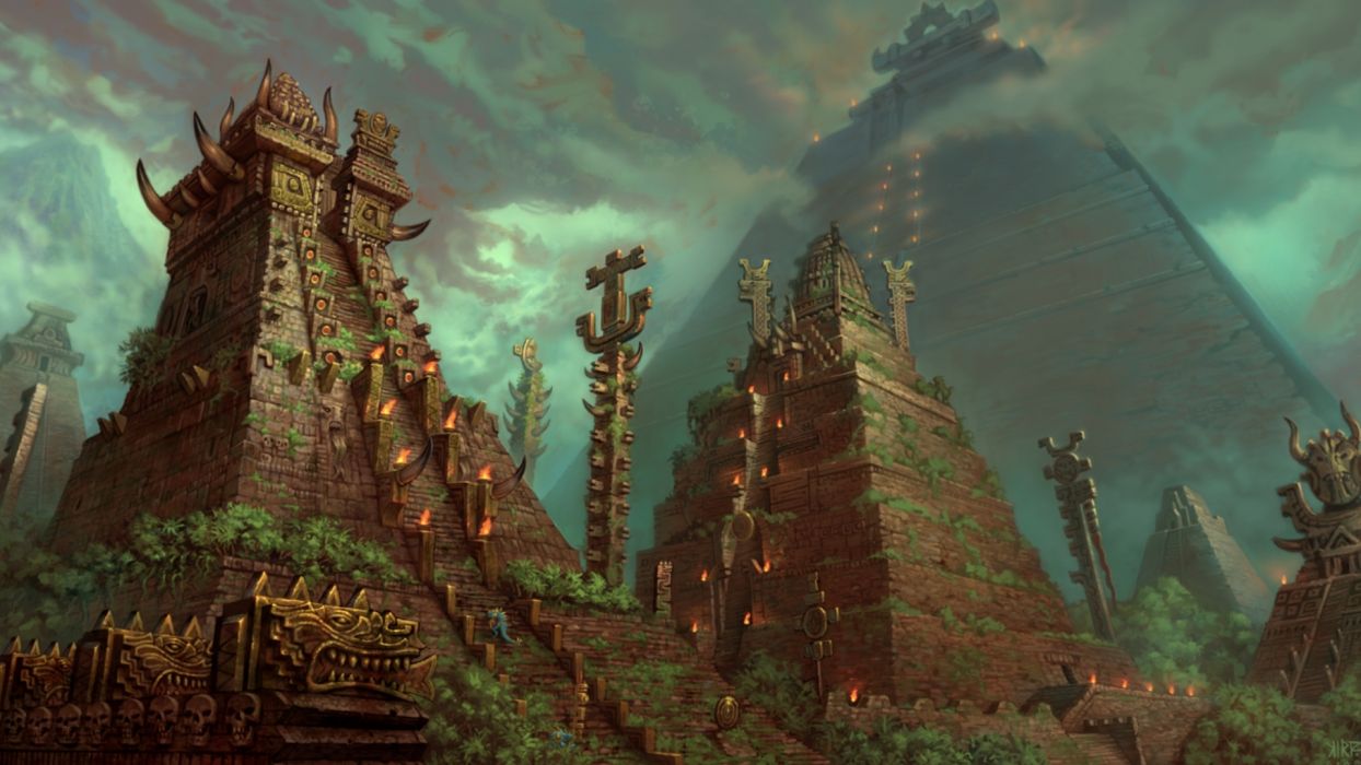 Aztec landscapes fantasy art artistic architecture buildings stairs steps sky clouds storm fire flames ritual jungle trees forest smoke wallpaperx1080