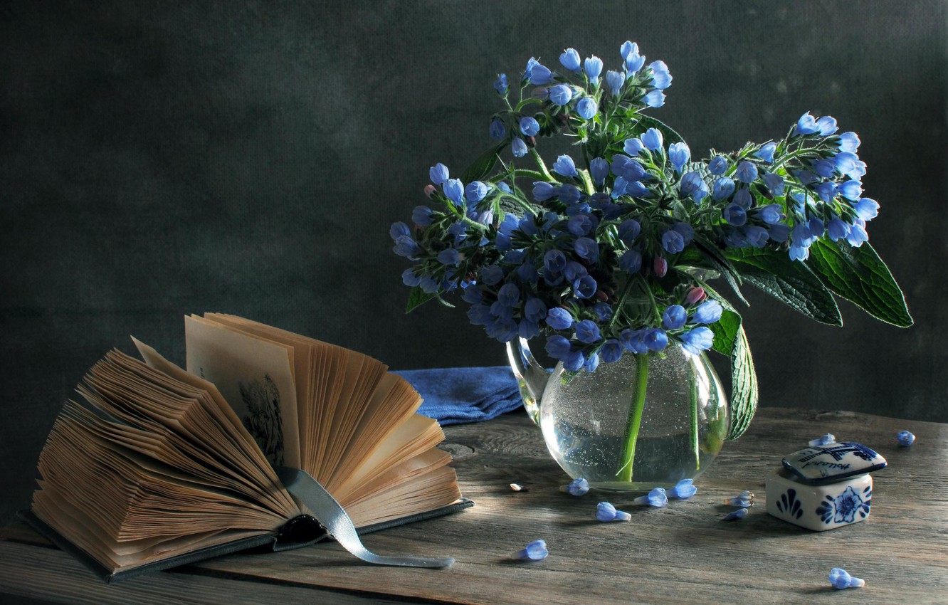 Wallpaper flowers, blue, box, book, vase, still life, spring image for desktop, section стиль