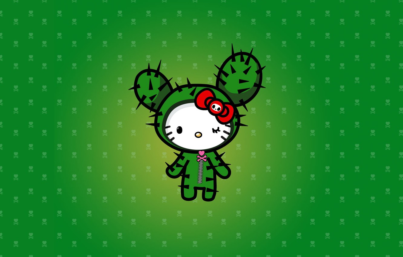 Wallpaper cactus, barb, green, Hello Kitty, heart. image for desktop, section минимализм