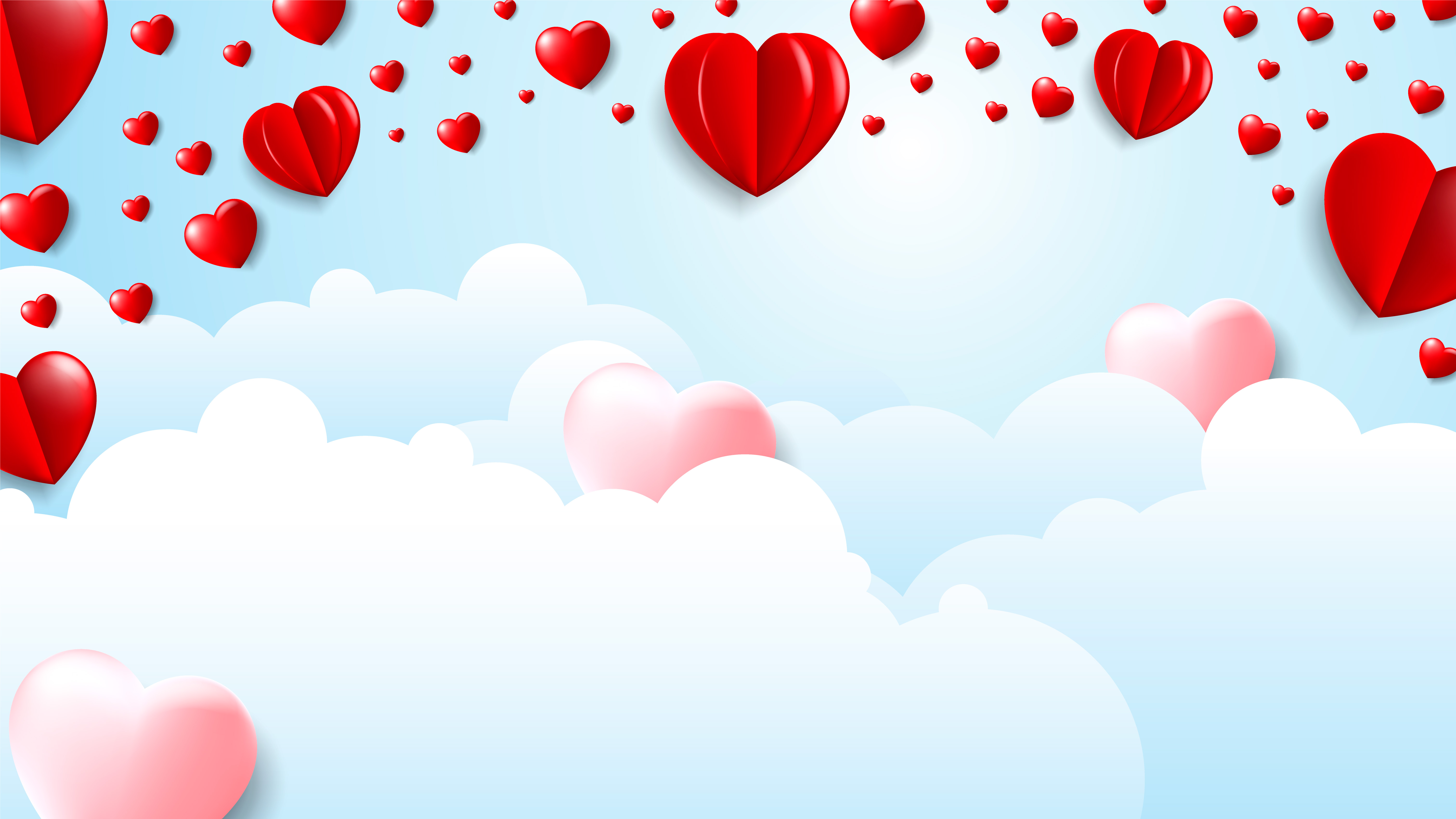 Valentine's Day Cloud background with Pink and Red 3D Hearts