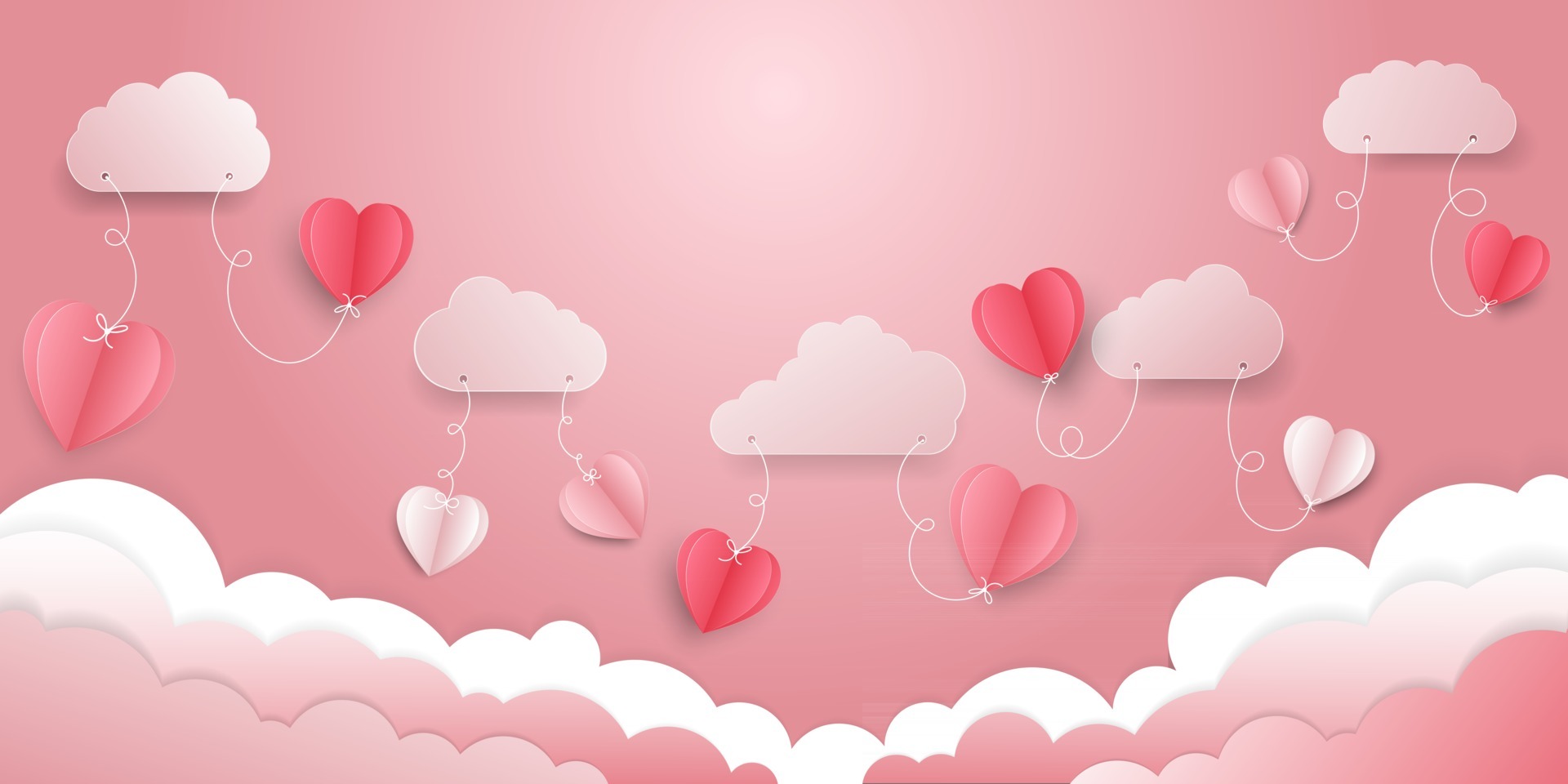Vector illustration Valentine's day concept background, 3D red and pink paper hearts and clouds are holding by sting on top, soft pink background feel like fluffy in the air. Vector Art