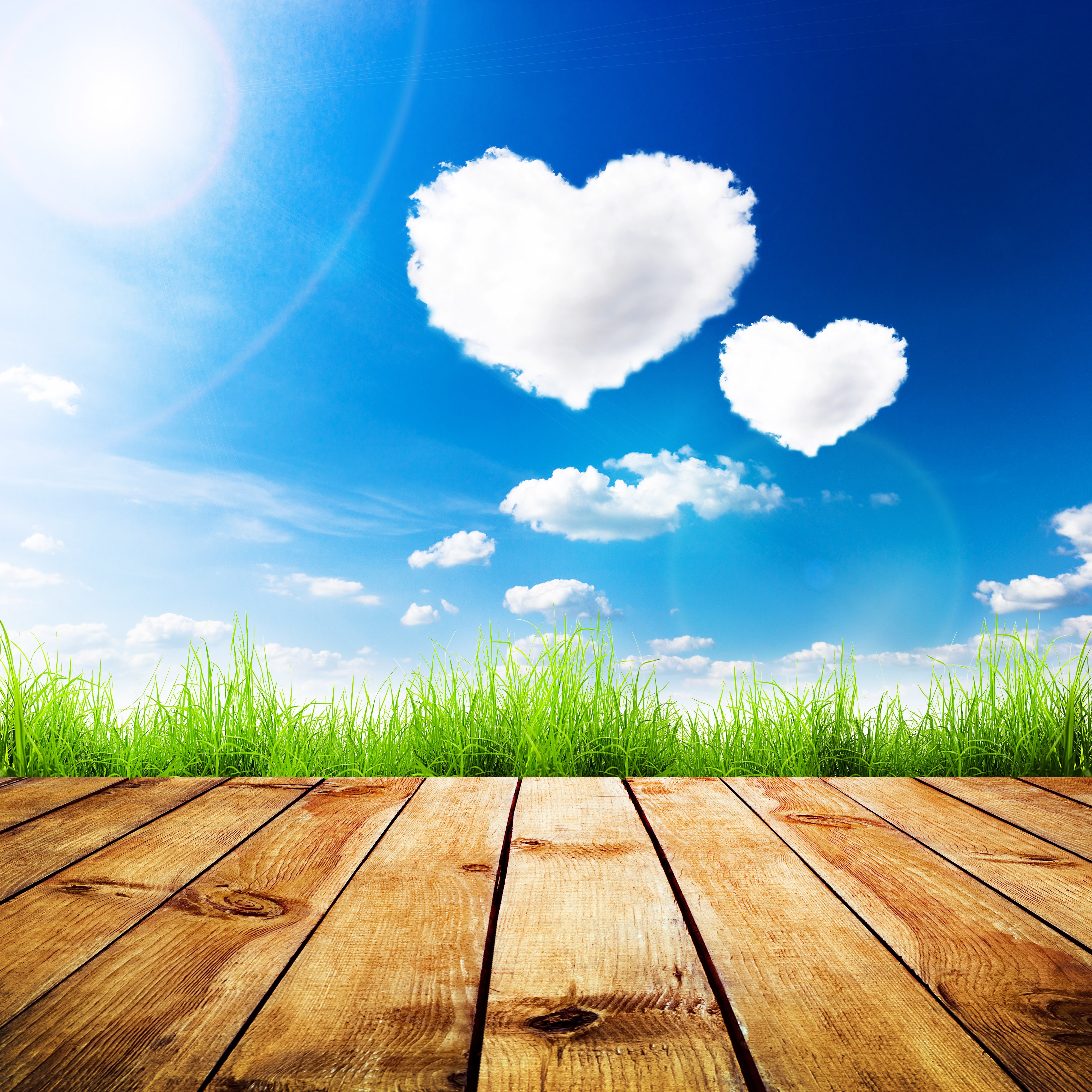 4K, Sky, Valentine's Day, Wood planks, Grass, Clouds, Heart Gallery HD Wallpaper