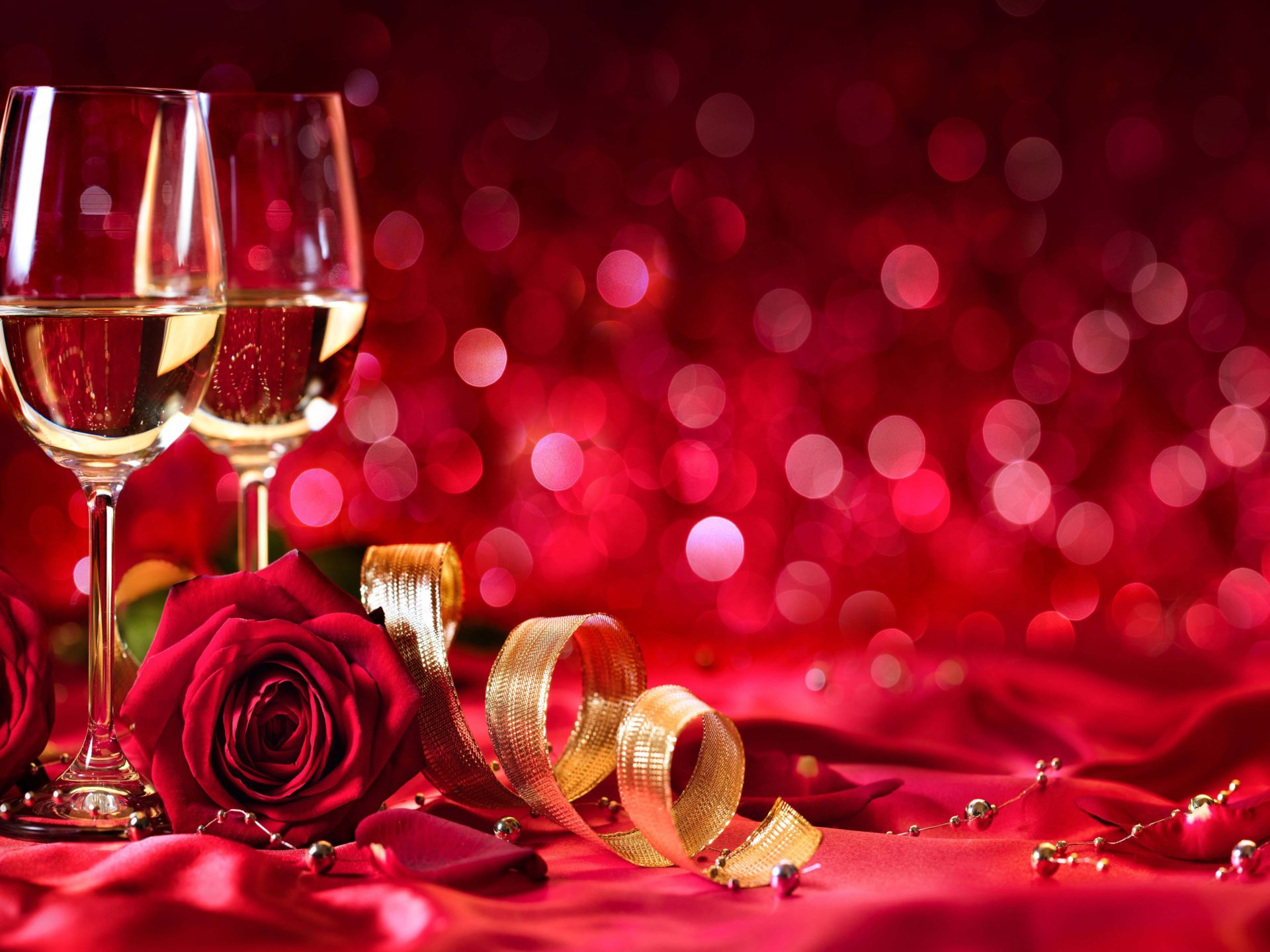 Valentine's Day Romantic Celebration Two Glasses With White Wine Red Roses Red Background HD Love Wallpaper, Wallpaper13.com