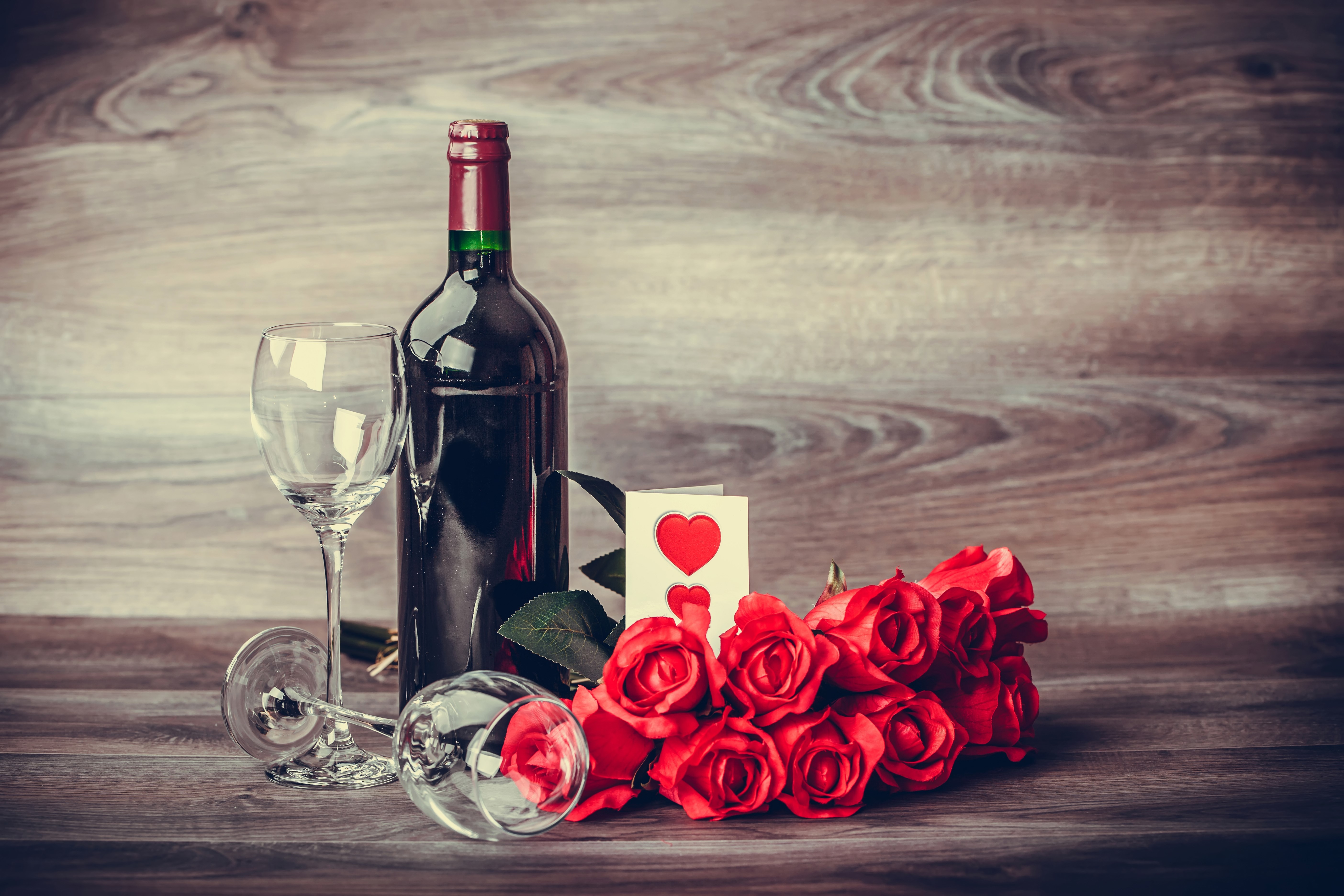 4K, 5K, Valentine's Day, Still Life, Roses, Wine, Red, Bottle, Stemware, Heart Gallery HD Wallpaper