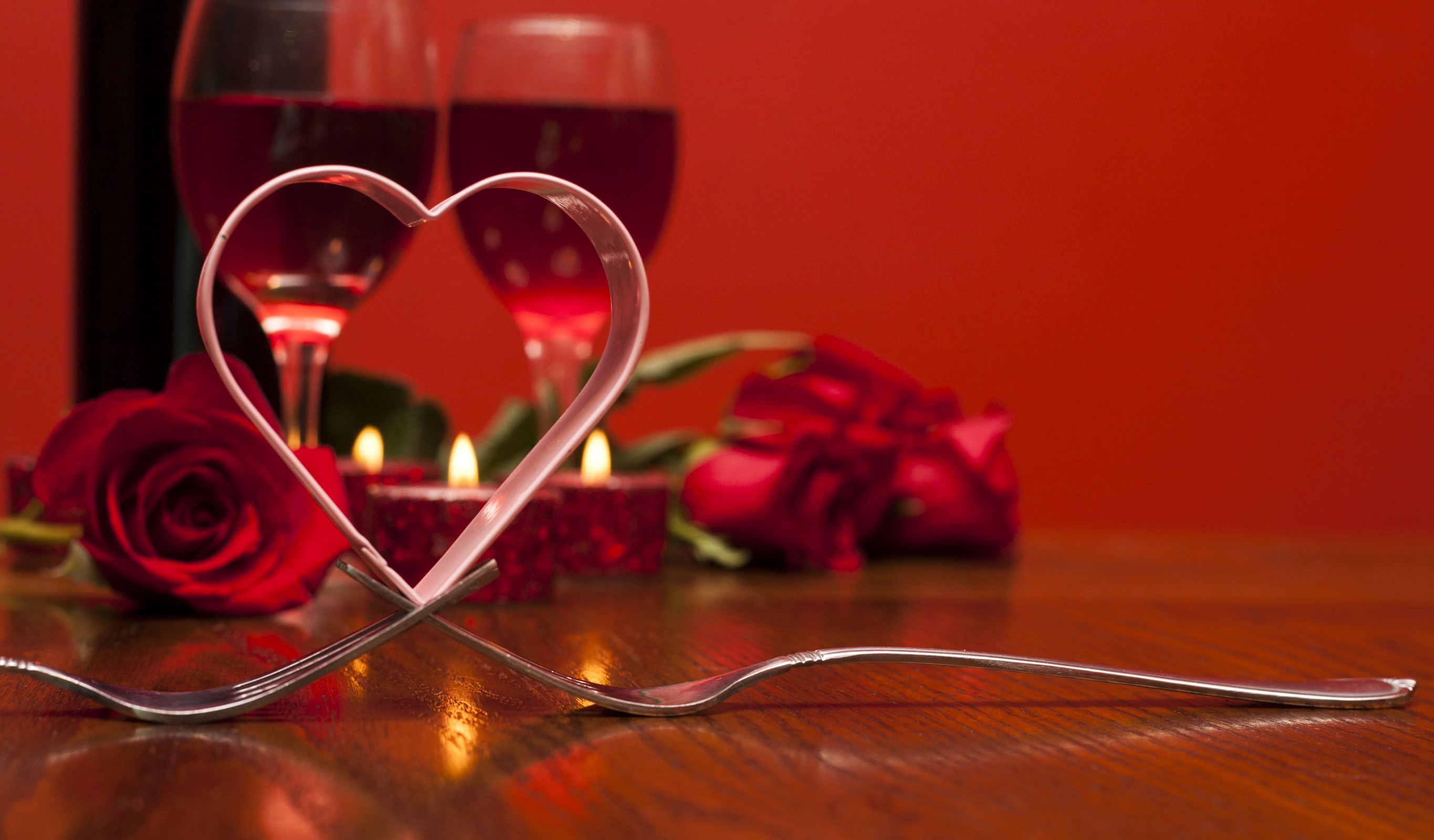 Valentine's Day, Roses, Wine, Candles, Heart, Fork Gallery HD Wallpaper