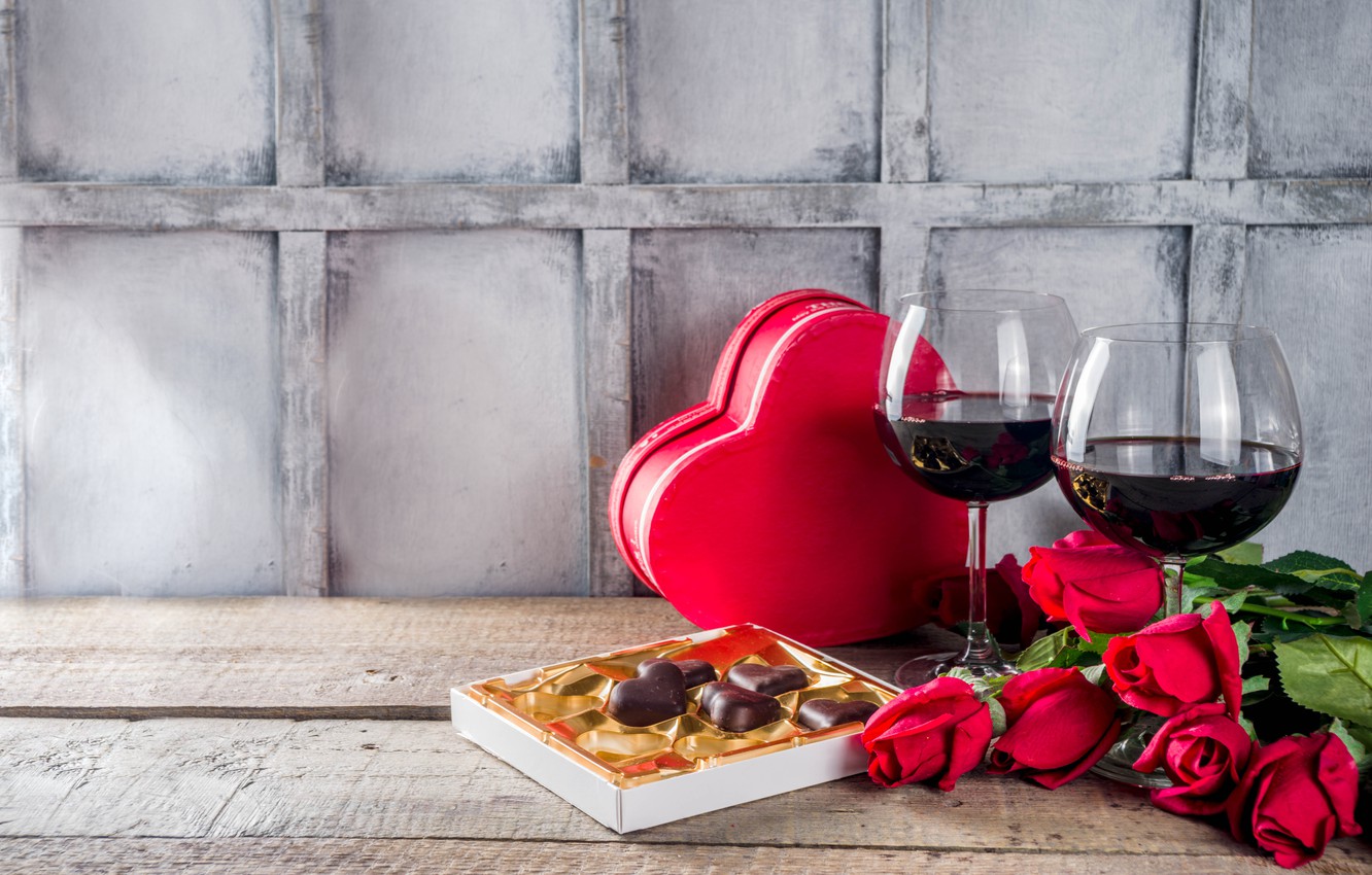 Wallpaper wine, red, chocolate, glasses, heart, Valentine's day, Bondarenko Rimma image for desktop, section настроения