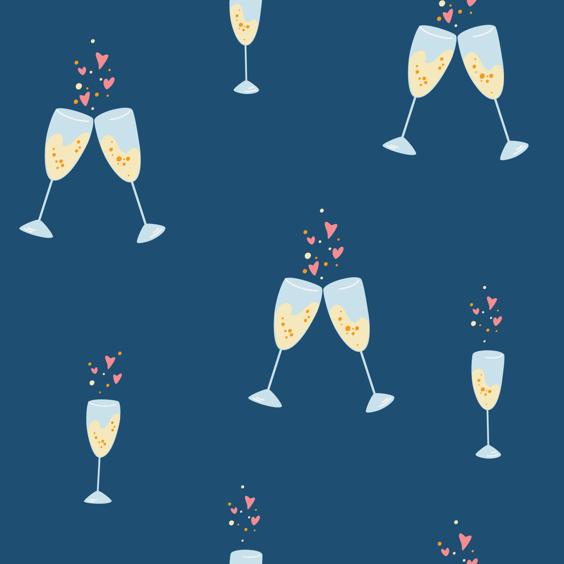 Champagne glasses seamless pattern. Celebration background with champagne glasses, hearts and bubbles. Perfect for wallpaper, textile, wrapping paper. Christmas, Birthday and Valentine day. Vector