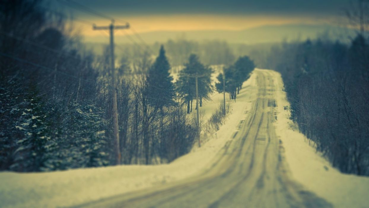 Landscapes roads nature winter snow tilt shift photography snow trees forest pole wire line mountains scenic sky wallpaperx1080