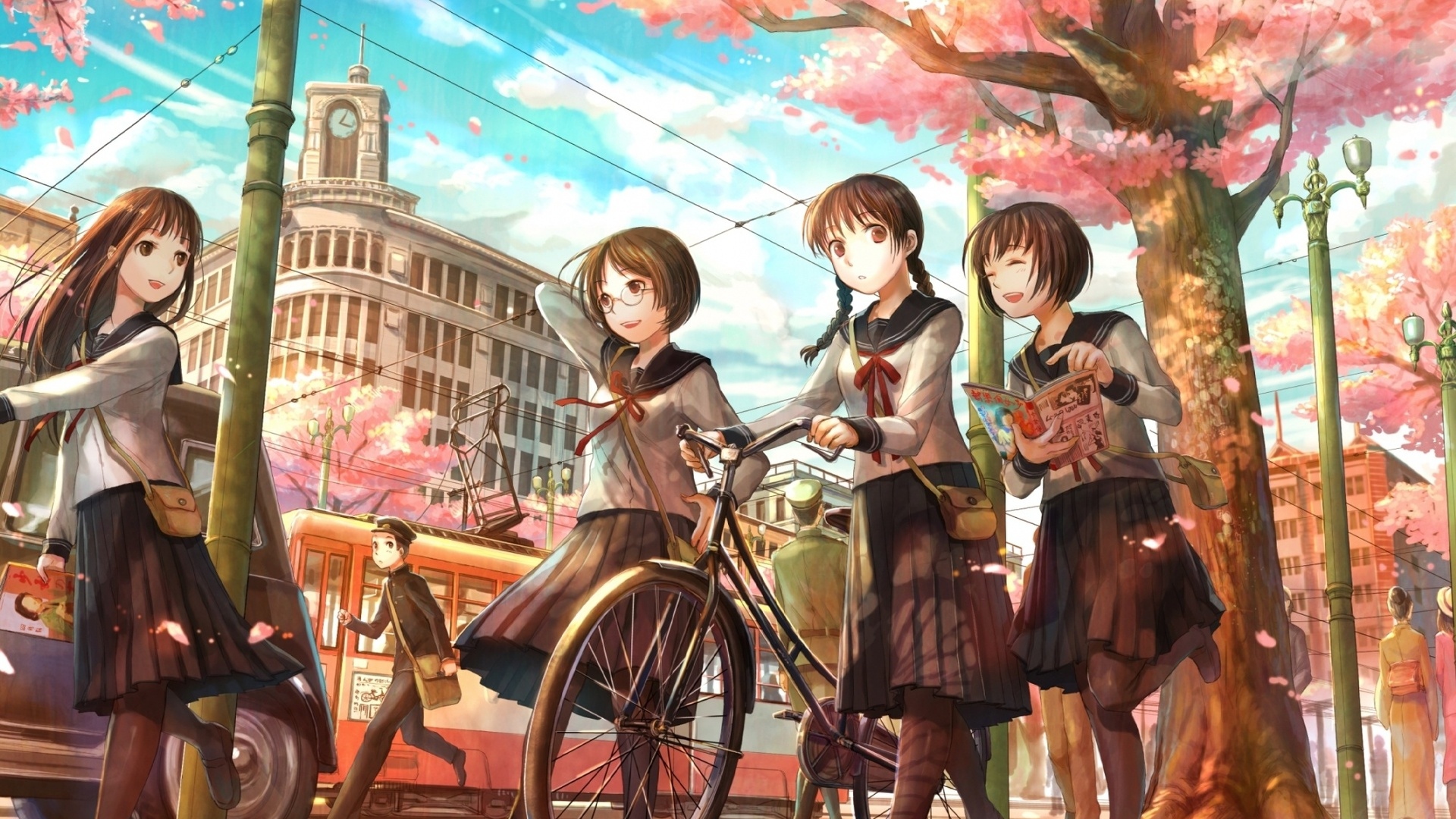 Wallpaper spring, road, city, bike, mood, schoolgirls, company